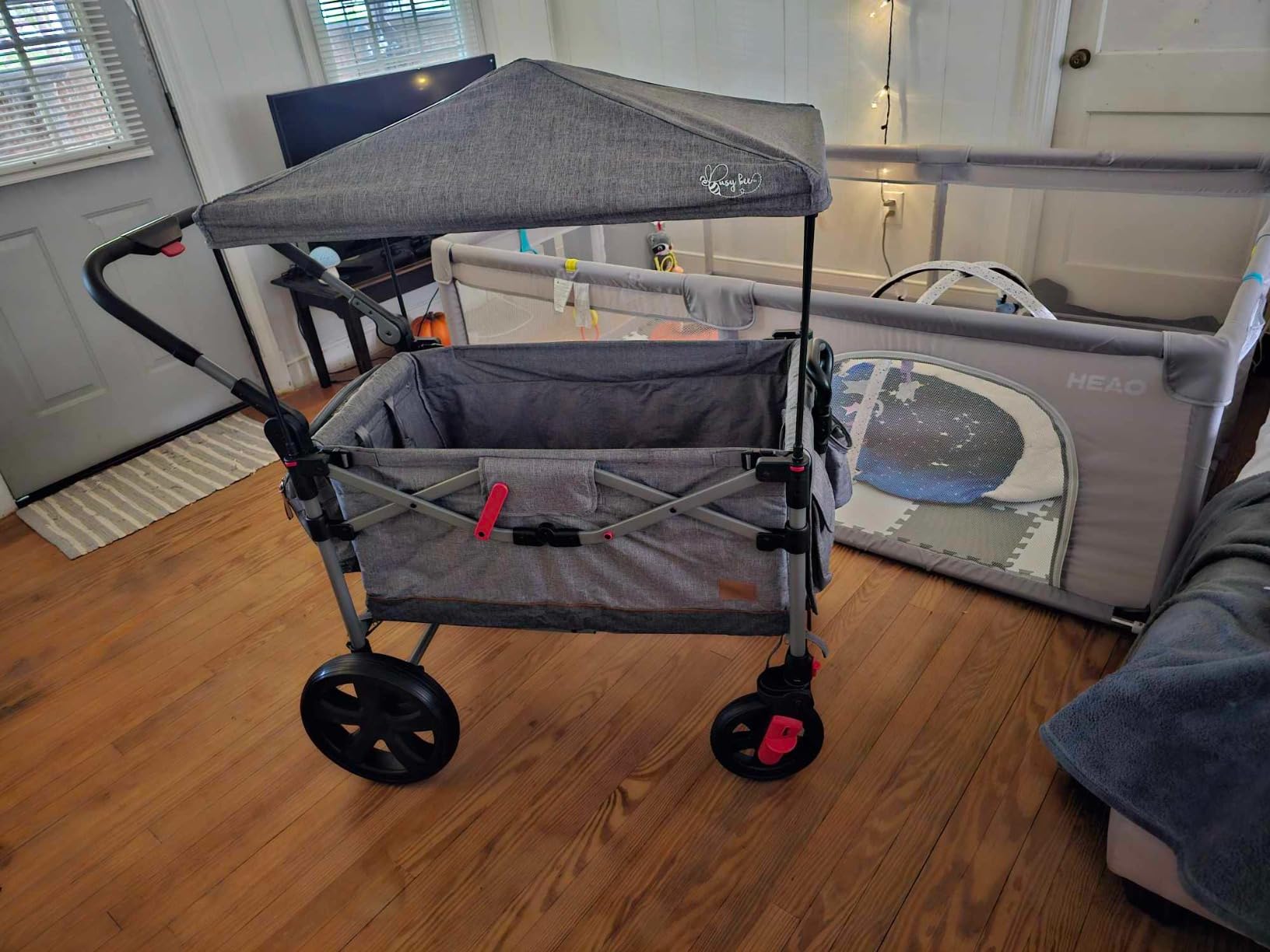 BusyBee Foldable Stroller Wagon for 2 Kids, Dual 5-Point Harnesses, Gray customer photo 2