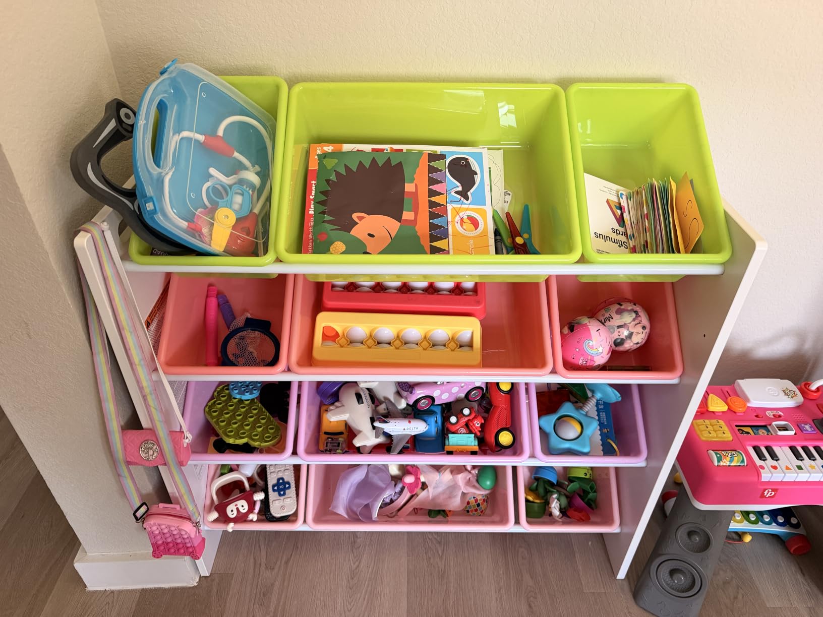 Amazon Basics Kids Toy Storage Organizer With 12 Plastic Bins, Natural Wood, Multicolor, for Bedroom and Playroom, 33.85