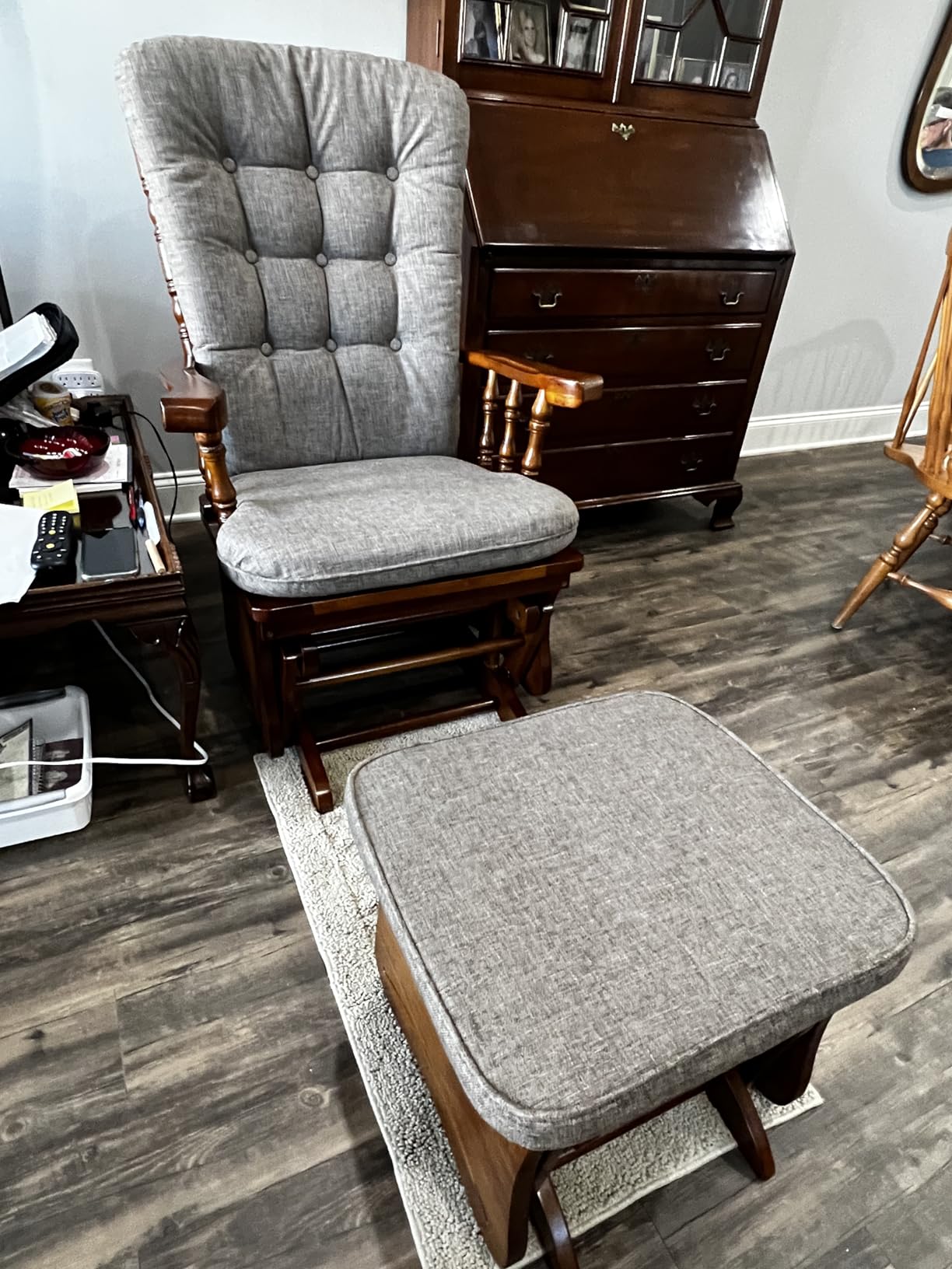 Rustic Nursery Glider Chair with Ottoman, Rubber Wood Glider Rocking Chair Set, Silent Bearings & Anti-Pinch Design, High Density Foam Cushion for Living Room Bedroom Nursing, Honey Wood Finish customer photo 1