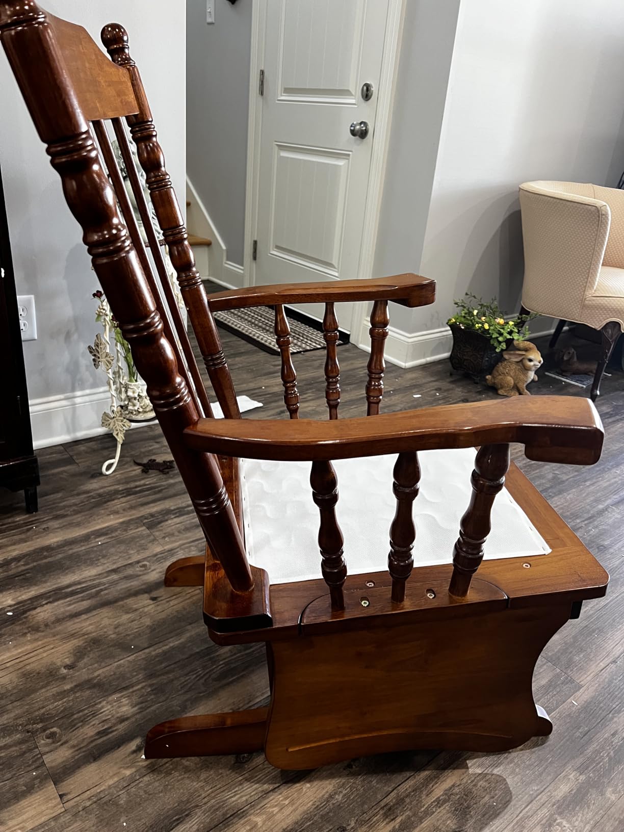 Rustic Nursery Glider Chair with Ottoman, Rubber Wood Glider Rocking Chair Set, Silent Bearings & Anti-Pinch Design, High Density Foam Cushion for Living Room Bedroom Nursing, Honey Wood Finish customer photo 2