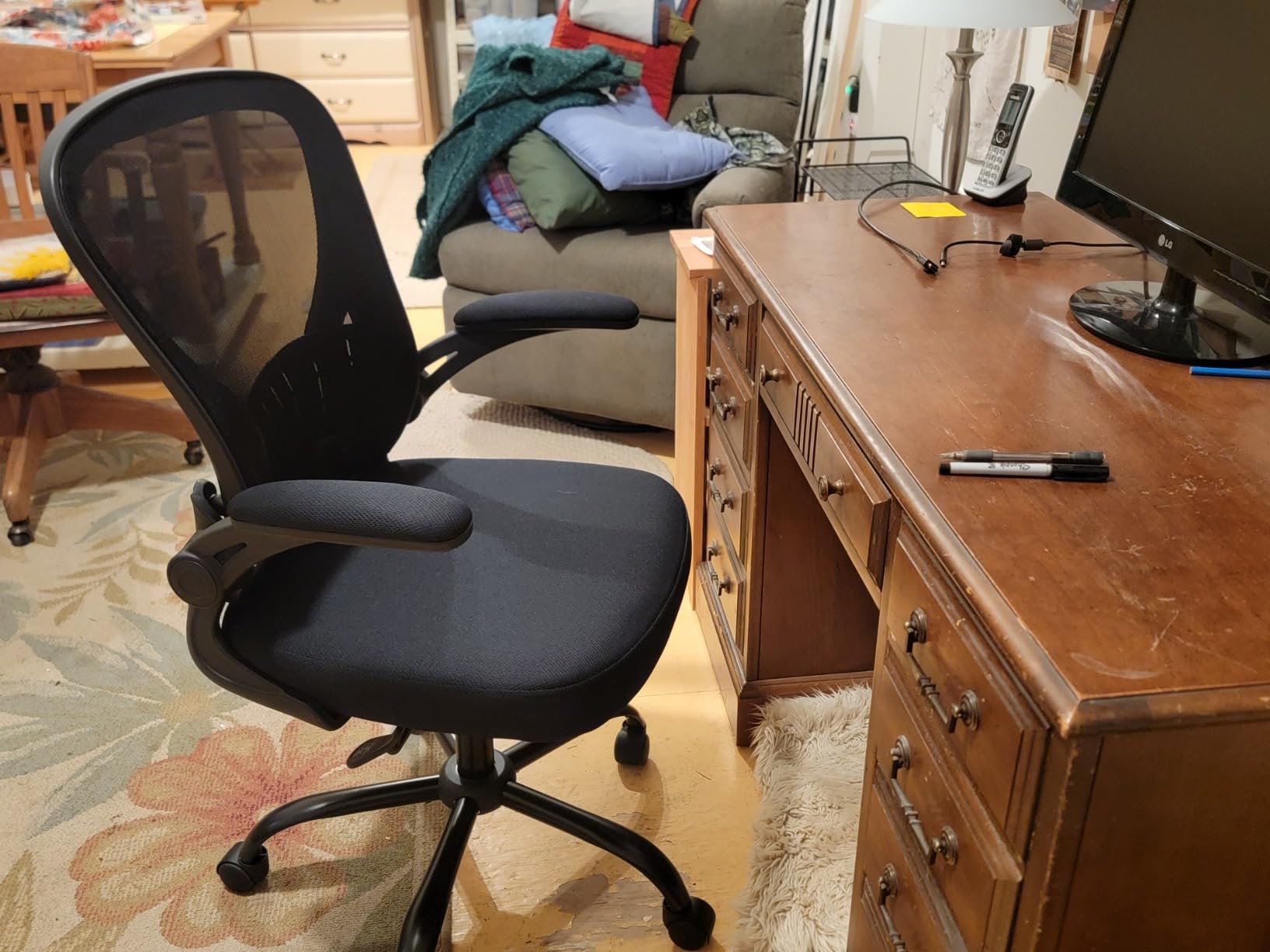Youhauchair Adjustable Mesh Ergonomic Office Chair with Wheels, Black | Flip-up Arms, Lumbar Support, Home Desk Chair, Height Adjustable, Breathable, Mid Back Swivel Computer Chair, Set of 1 customer photo 2