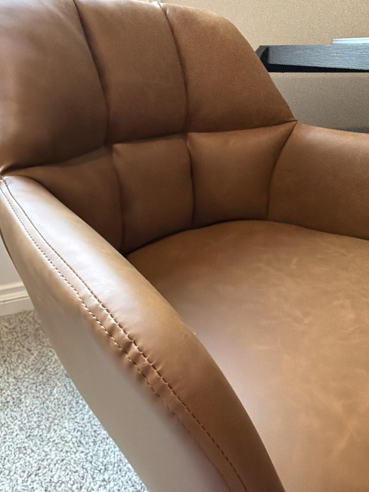 EALSON Comfy Leather Desk Chair Modern Computer Task Chair no Wheels Swivel Accent Chair with Mid Back Arm Chair for Living Room/Bedroom/Home Office, PU Brown customer photo 2