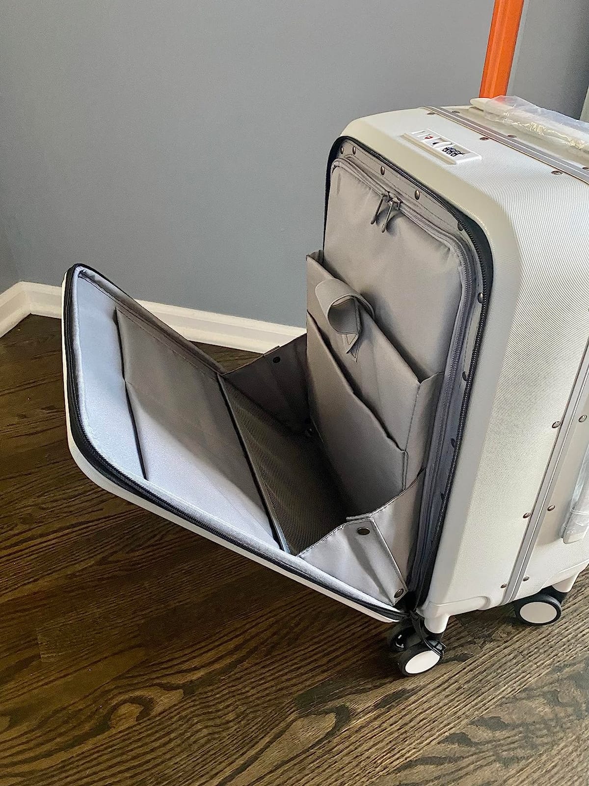 MILADA Wide Handle Carry On Luggage with Front Pocket Hardshell 20 Inch Front Opening Luggage with Spinner Wheels TSA Lock Aluminium Suitcase Airline Approved Carry-On Travel Luggage, White customer photo 1