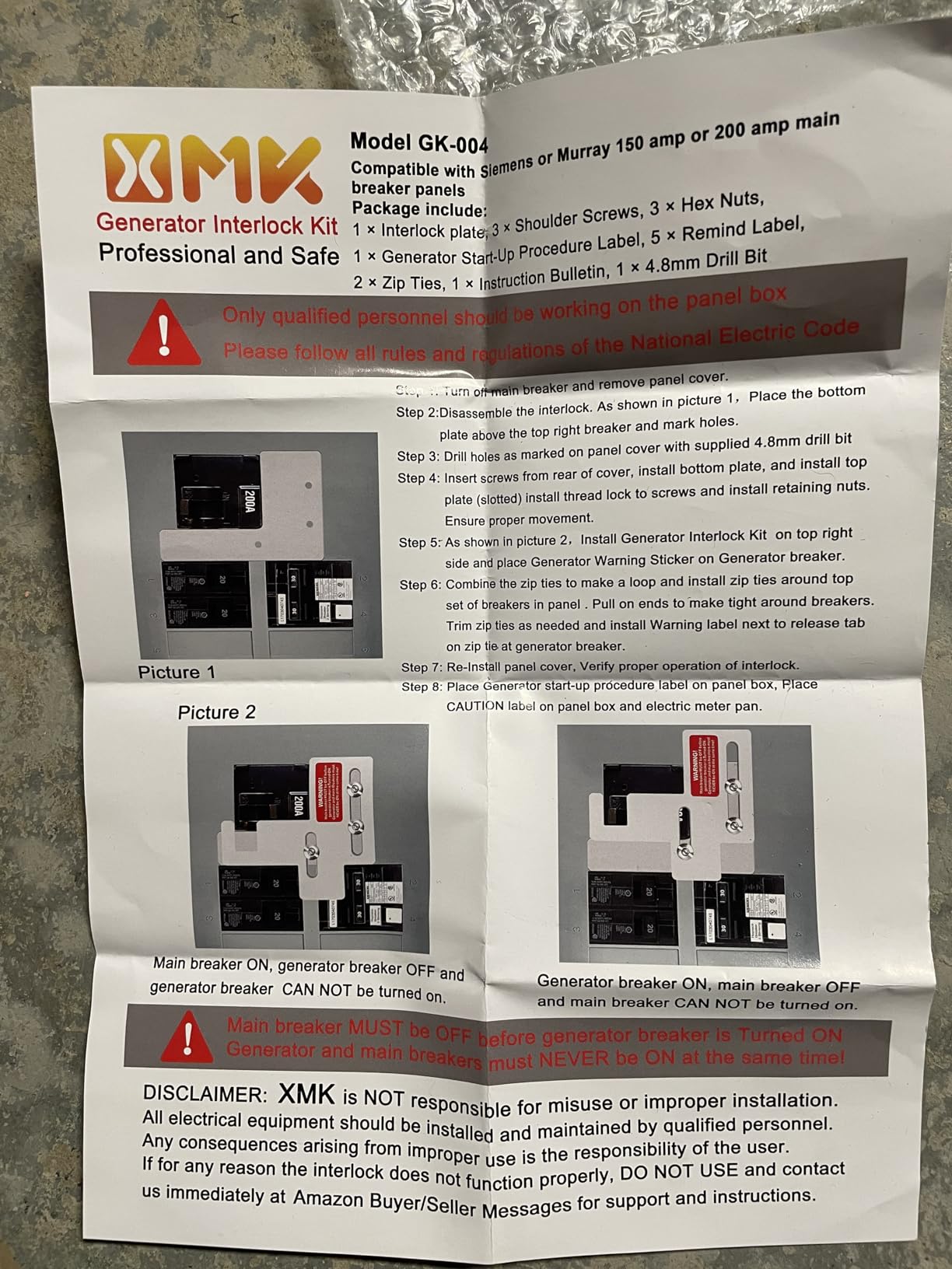 Generator Interlock Kit Compatible with Siemens Murray 150 or 200 Amp Panel customer photo 2