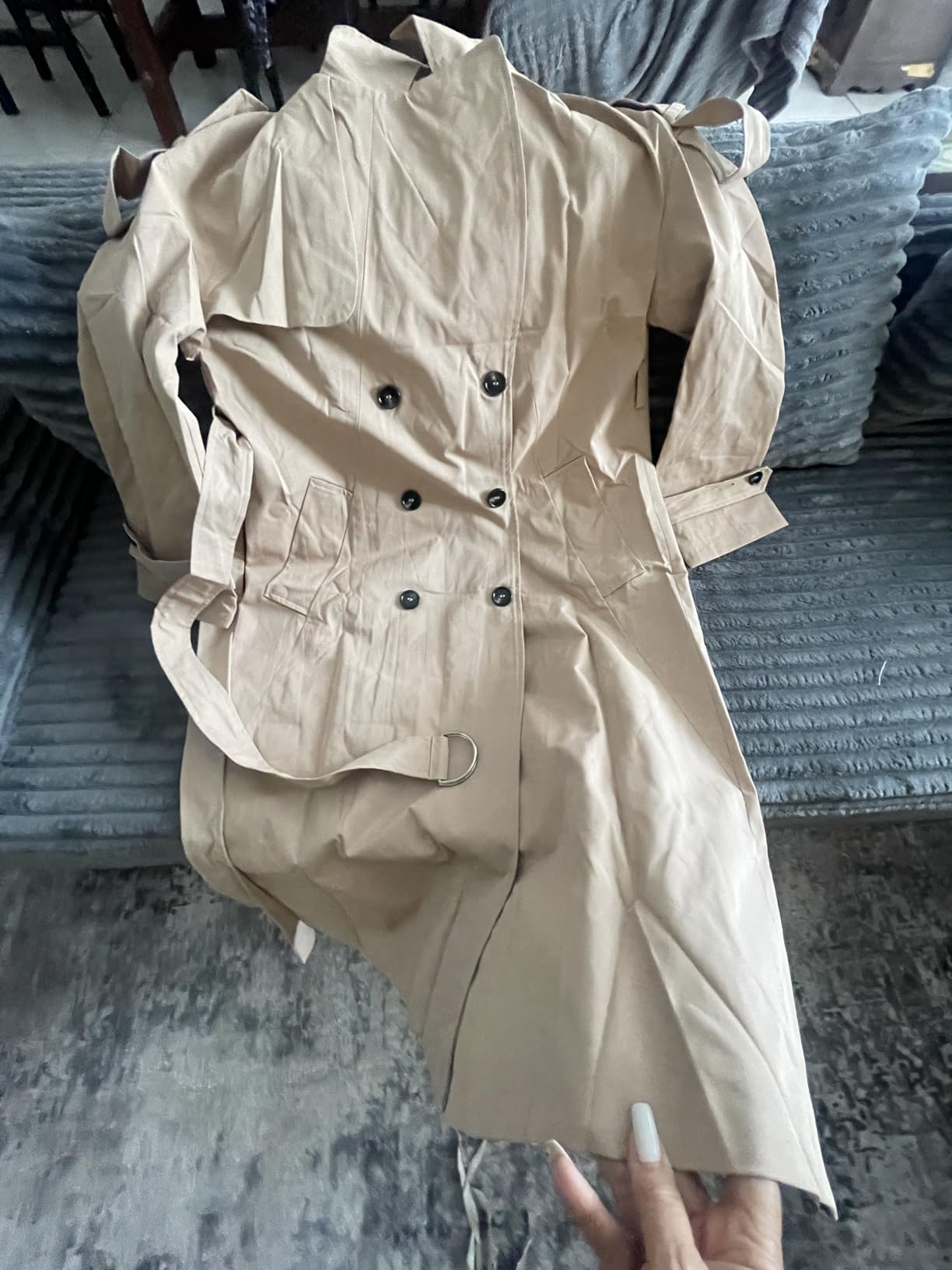 Farktop Womens Oversized Long Trench Coat Double Breasted Lapel Windproof customer photo 1