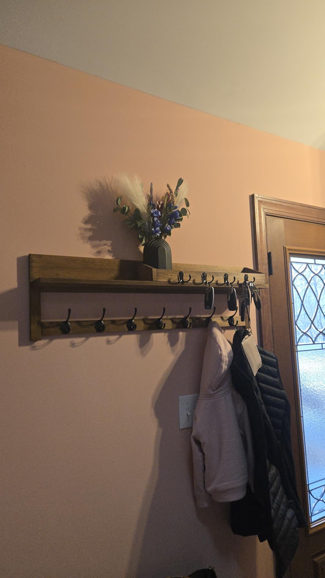 AMBIRD Wall Hooks with Shelf, 26.57 Inch Entryway Wood Coat Hooks for Wall with Shelf, Coat Rack Wall Mount with 5 Dual Hooks 3 Key Hooks Mail Organizer and Key Rack Holder (Brown) customer photo 1