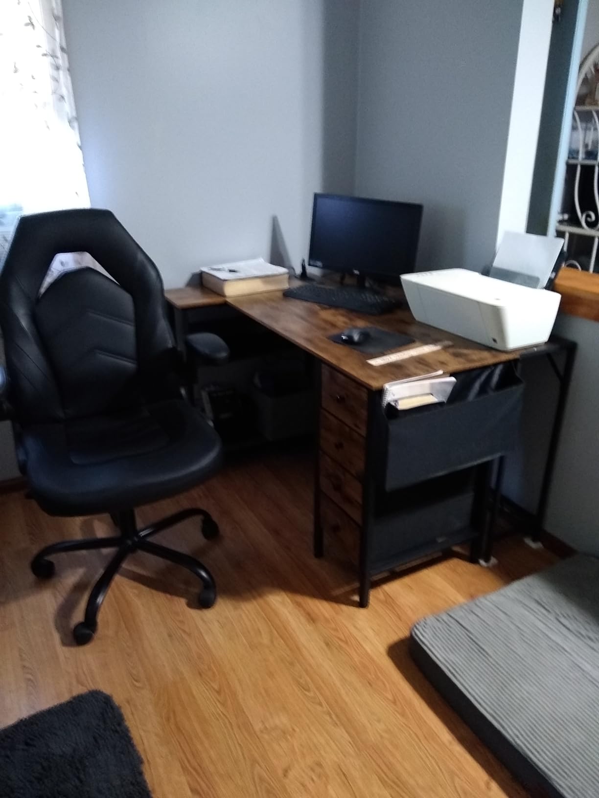Lufeiya L Shaped Desk with Drawers & Storage Shelves, 47 Inch Small Reversible Corner Desk with Power Outlet for Home Office Bedroom, L-Shaped Gaming PC Computer Desks with Fabric Drawer, Rustic Brown customer photo 2