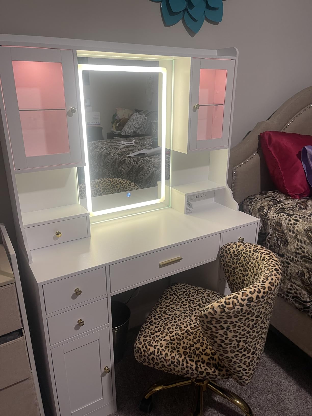 CSZZD White Makeup Vanity Desk with LED Mirror & RGB Cabinets customer photo 1