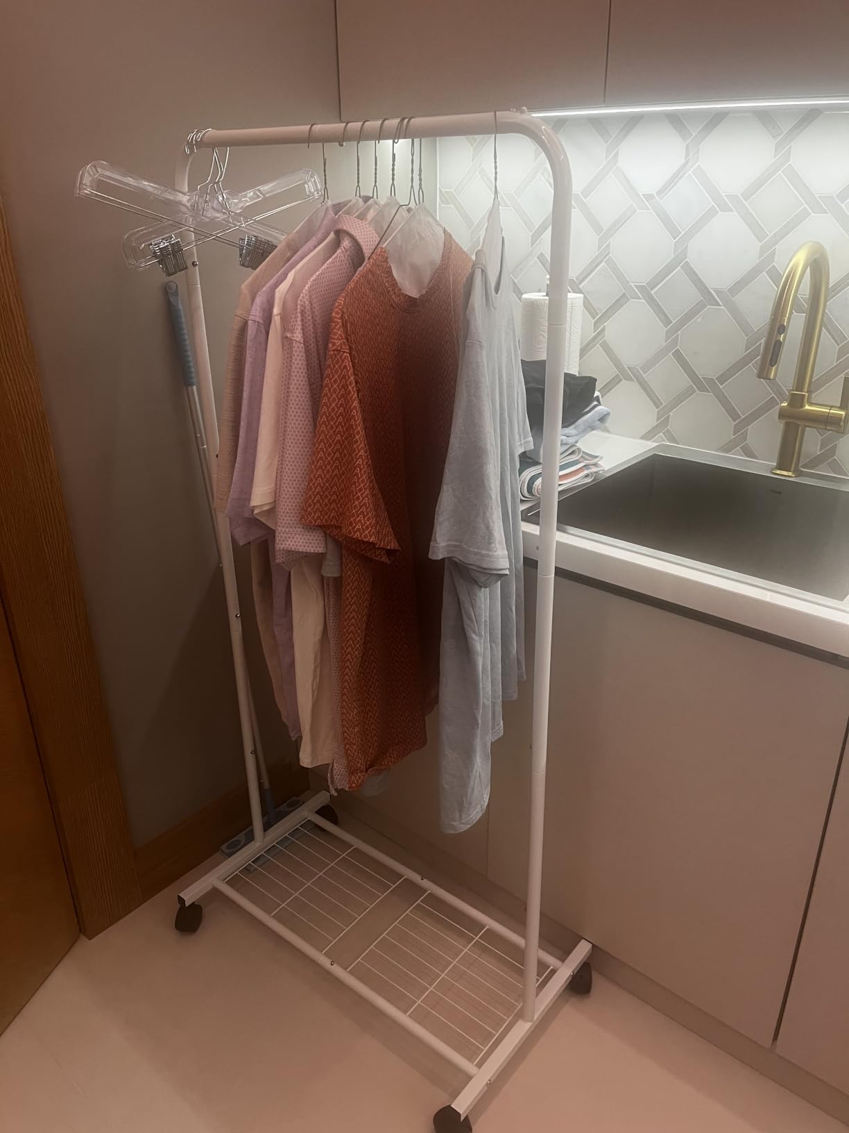 Sakugi Clothes Rack - Clothing Rack with Storage Mesh Shelf & Casters, Heavy-Duty Metal Clothing Rack for Hanging Clothes, Dresses, Coats, Large Load Capacity, Easy Assembly, Black, 28.0