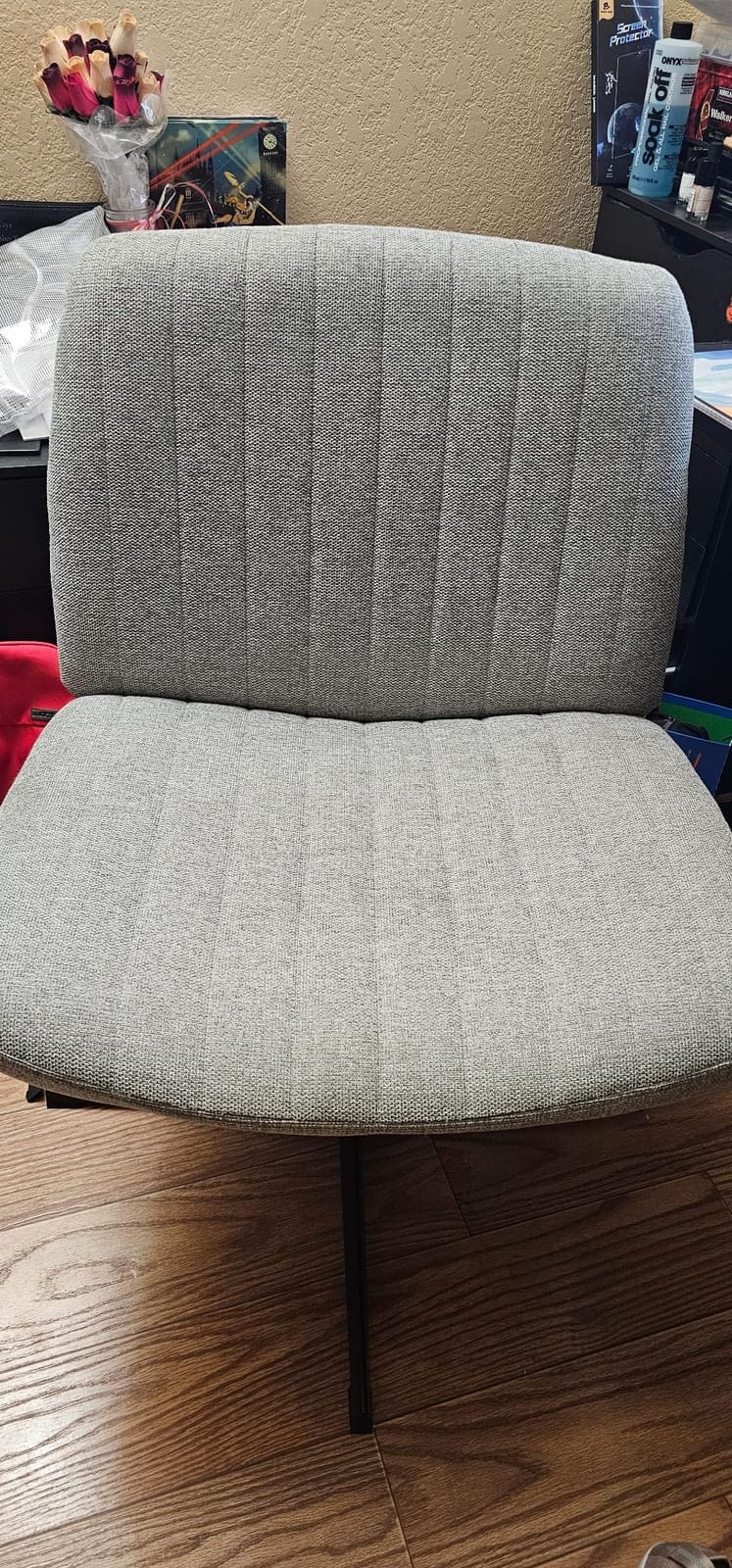 Orange Factory Criss Cross Chair, Wide Fabric Vanity Seat, Grey No Wheel | Cozy Cross-Legged Comfort, 360° Swivel, Height Adjustable, Durable Base and Comfy Seating for Office, Desk, or Computer Use customer photo 1