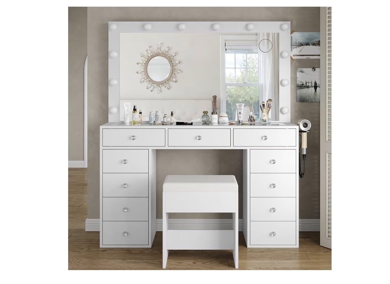 Yanosaku Vanity Desk with Glass Top & Power Outlets, Makeup Vanity with Mirror & 12 LED Lights, 11-Drawer Makeup Table with Chair, 3 Lighting Modes Brightness Adjustable, White customer photo 1