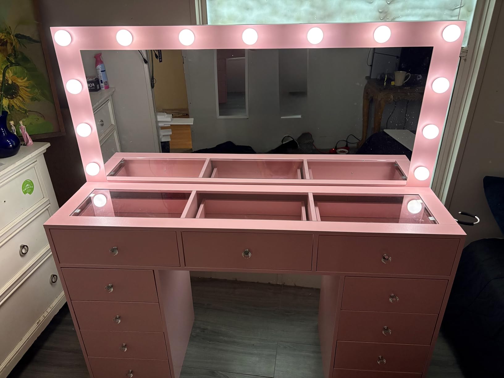 Yanosaku Vanity Desk with Glass Top & Power Outlets, Makeup Vanity with Mirror & 12 LED Lights, 11-Drawer Makeup Table with Chair, 3 Lighting Modes Brightness Adjustable, White customer photo 2