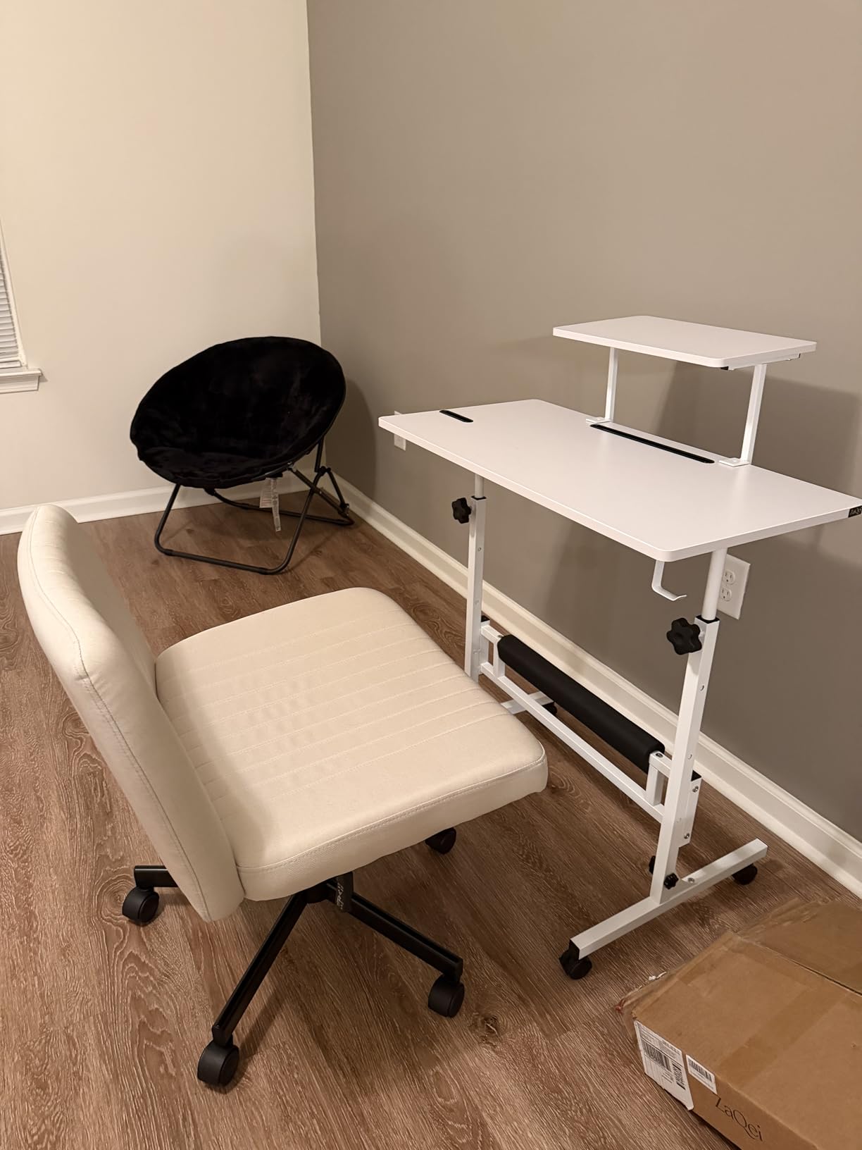 Orange Factory Criss Cross Chair, Wide Fabric Vanity Desk Seat, Beige Wheel | Cross-Legged with 360° Swivel, Height Adjustable, Smooth and Silent Wheels, Comfy Seating for Office, Desk, or Computer Use customer photo 1