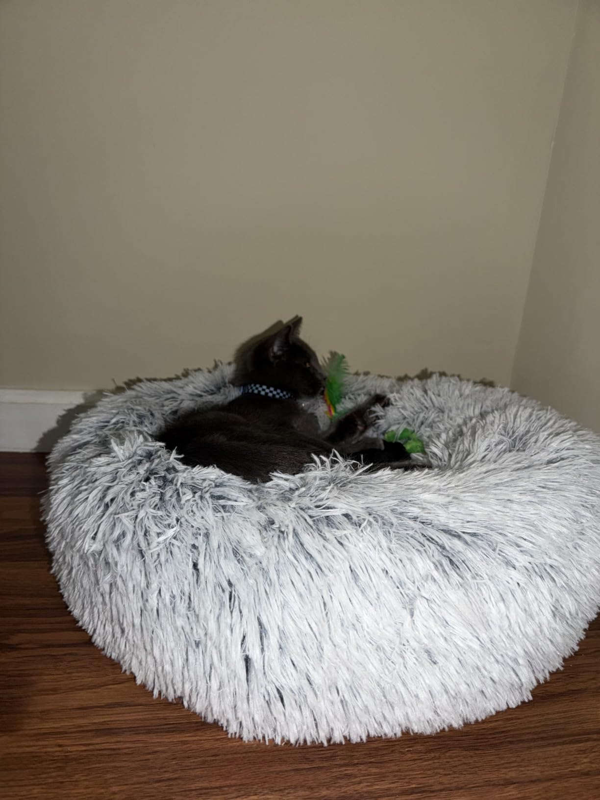 JOLLYVOGUE Calming Dog Bed Medium Size Dog, 31in Donut Washable Medium Pet Bed, Anti-Slip & Anti-Anxiety Fluffy Faux Fur Round Dogs Bed, Fits up to 45 lbs Pets (Smoke Grey) customer photo 2