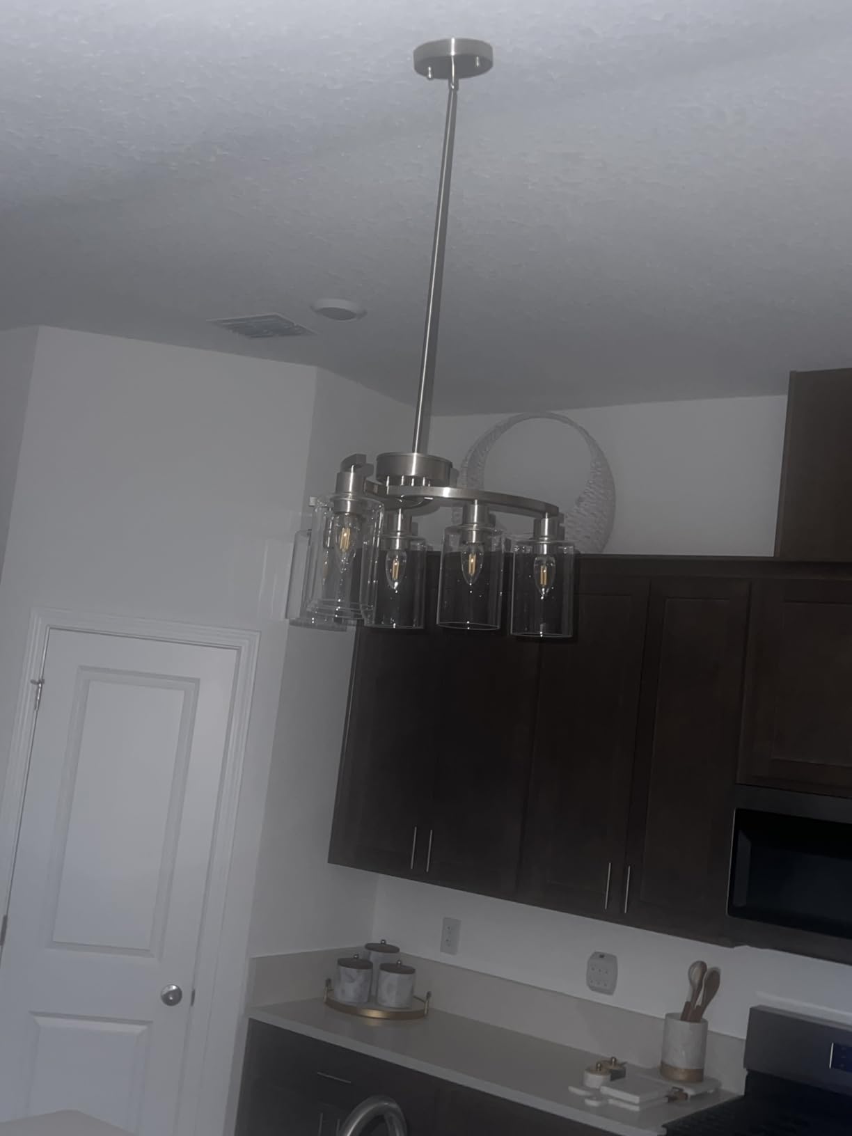 CNRATYE 6-Light Brushed Nickel Chandeliers for Dining Room Light Fixtures Over Table, Adjustable Height Hanging Industrial Pendant Lighting for Kitchen Island Bedroom, Clear Glass Shade customer photo 2