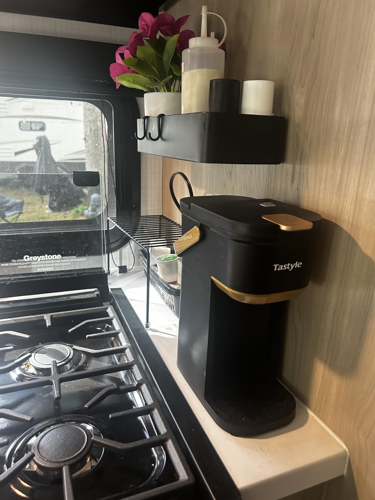 Tastyle Mini Single Serve Coffee Maker for K Cups and Grounds with Handle | for Travel, Camping, Office, RV and Dorm, Portable Handle, 120V, 6 to 12 Oz Brew Size, BPA Free, K302, Black and Gold customer photo 1