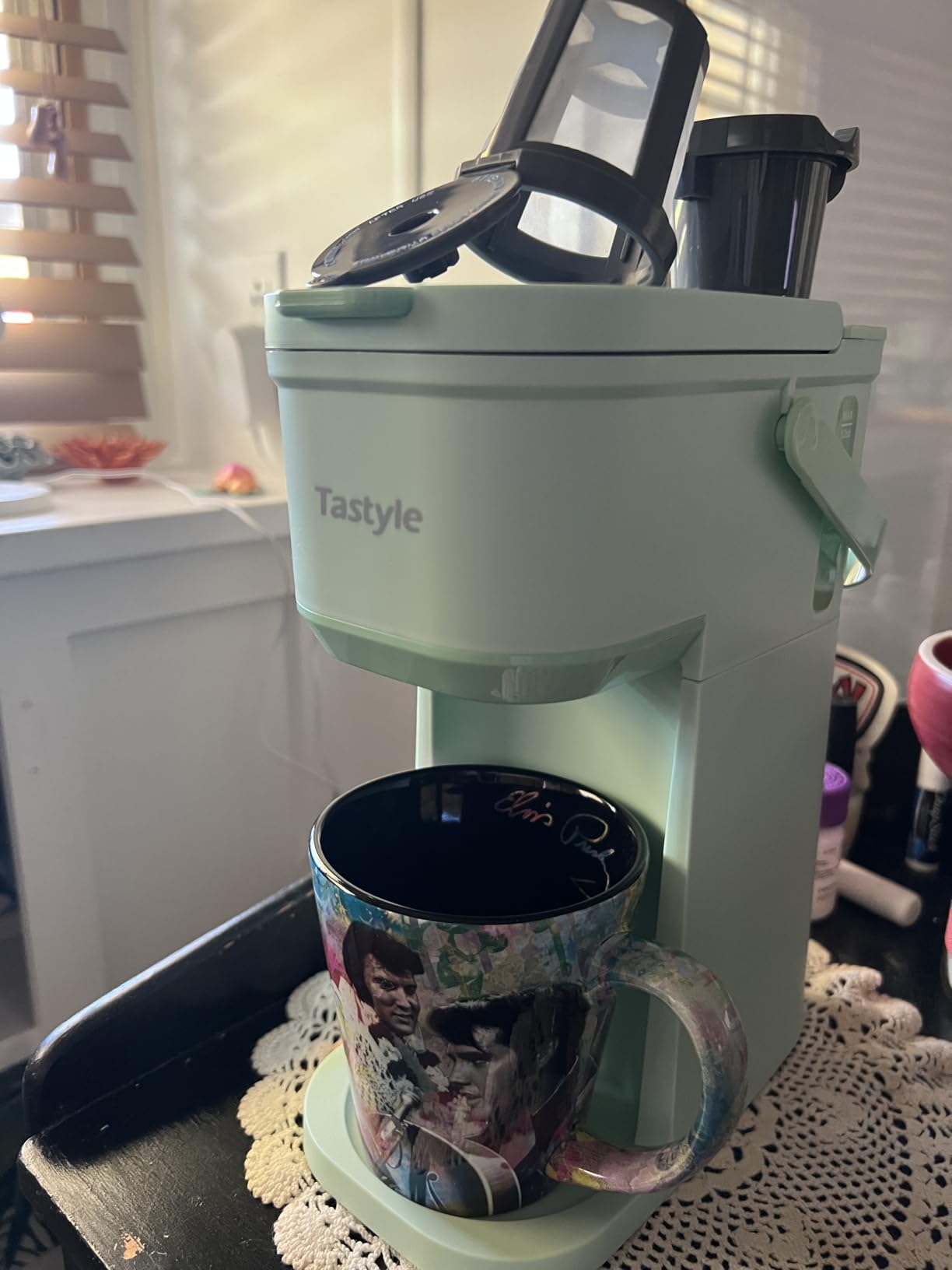 Tastyle Mini Single Serve Coffee Maker for K Cups and Grounds with Handle | for Travel, Camping, Office, RV and Dorm, Portable Handle, 120V, 6 to 12 Oz Brew Size, BPA Free, K302, Black and Gold customer photo 2