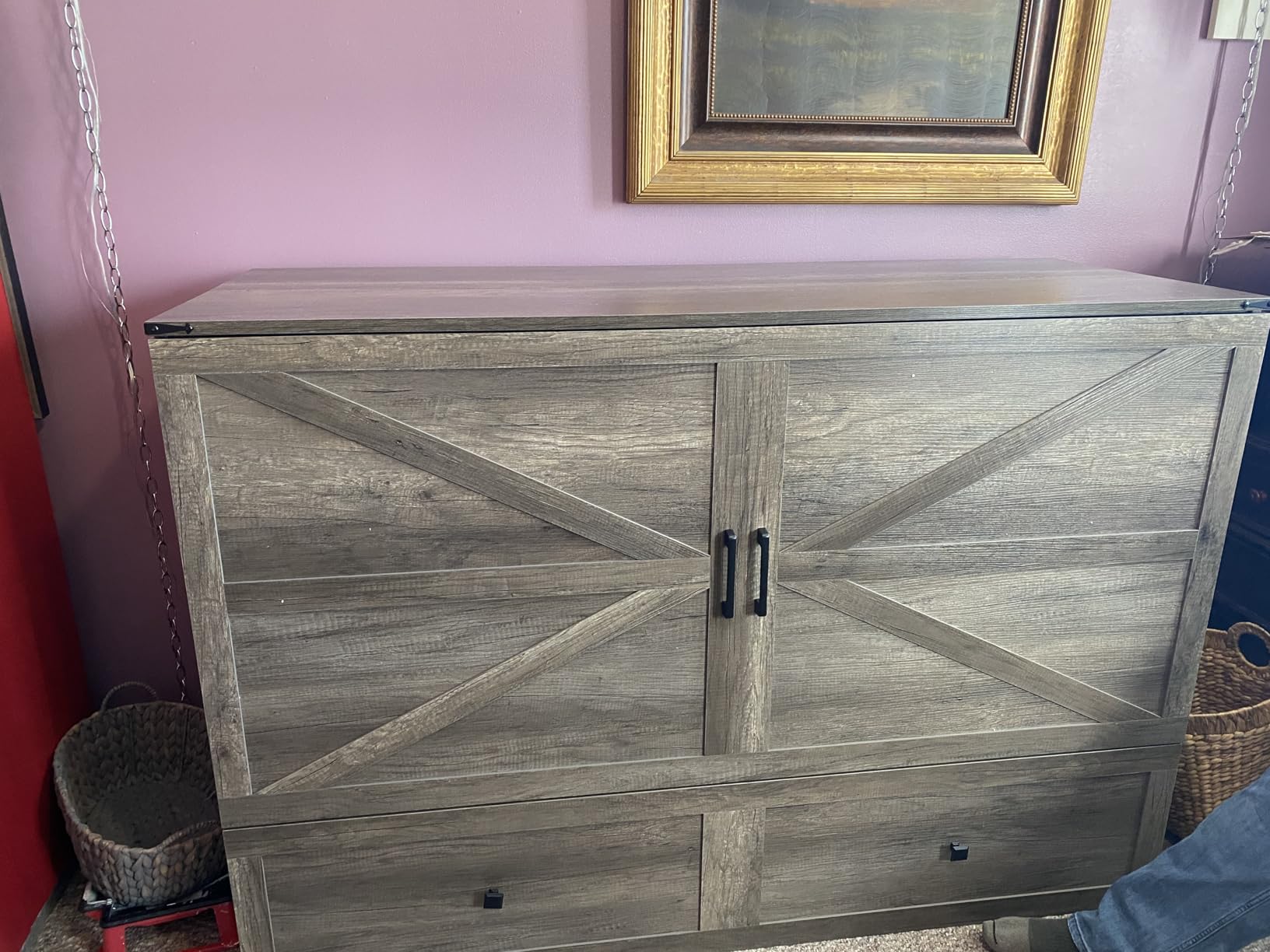 AMERLIFE Queen Murphy Bed with Storage & Charging Station | Rustic Grey Wood Murphy Cabinet, Farmhouse Foldable Platform Bed, Large Drawer, Noisy Free, Guest Bedroom & Living Room customer photo 2