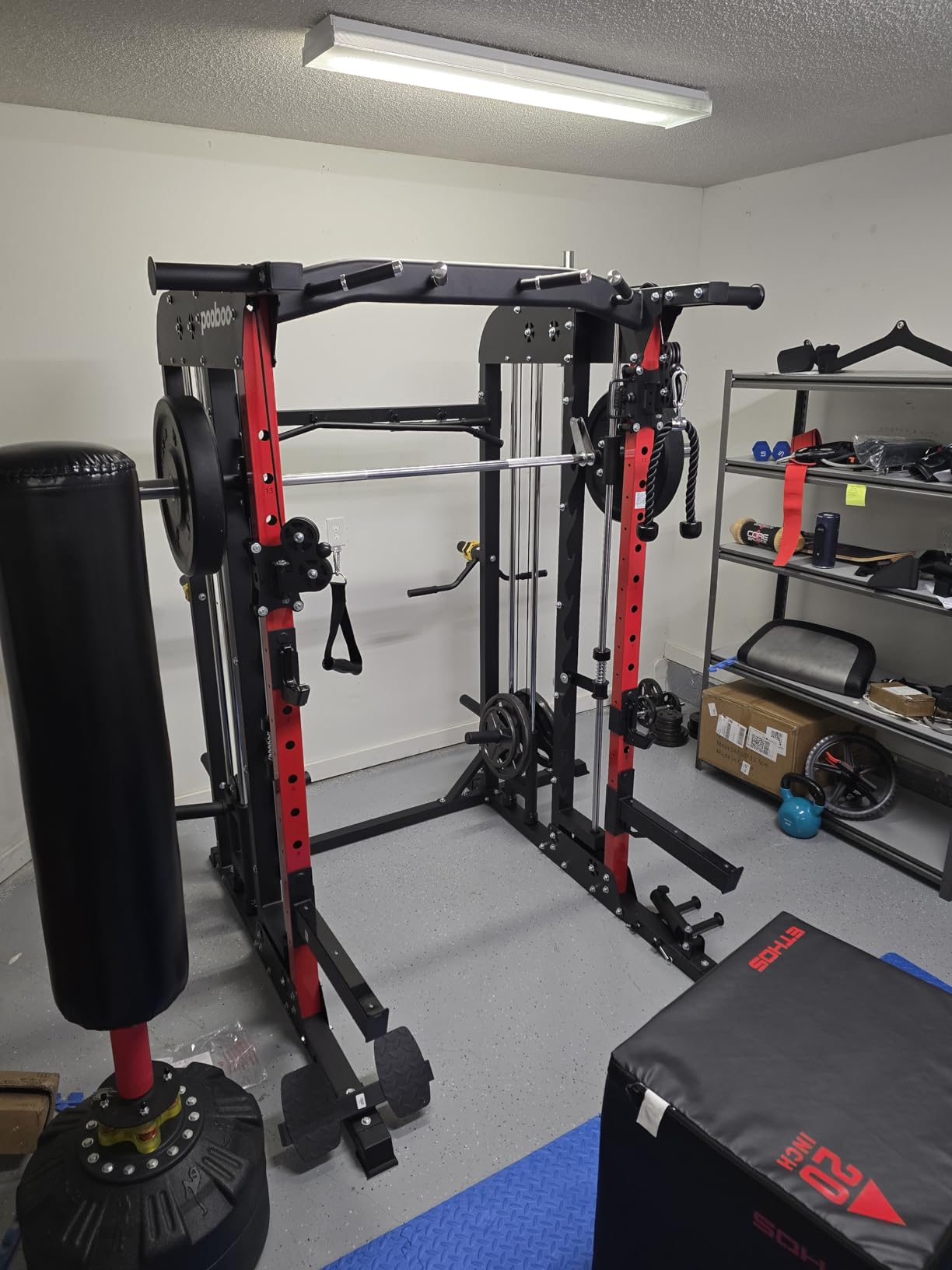 pooboo Power Cage Smith Machine with 2000LB Squat Rack Cable System | LAT Pulldown and Dual Pulley Cable Crossover with All-in-One Home Gym Machine, Adjustable Stations and Training Attachments customer photo 1