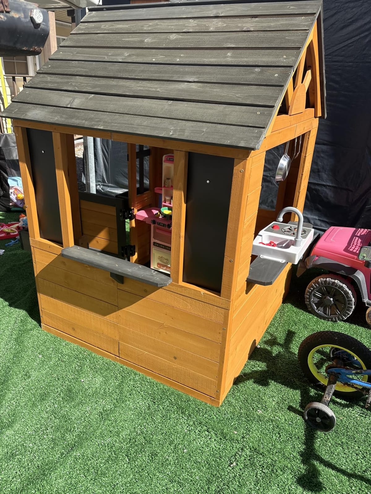 Jocoevol Kids Outdoor Playhouse, Cedar Wooden Kids Playhouse with Play Kitchen, Pet Door, Sink, Stove, Cookware, Windows, Flowerpot Holders, Ringing doorbell, Cottage Play House for Backyard customer photo 1