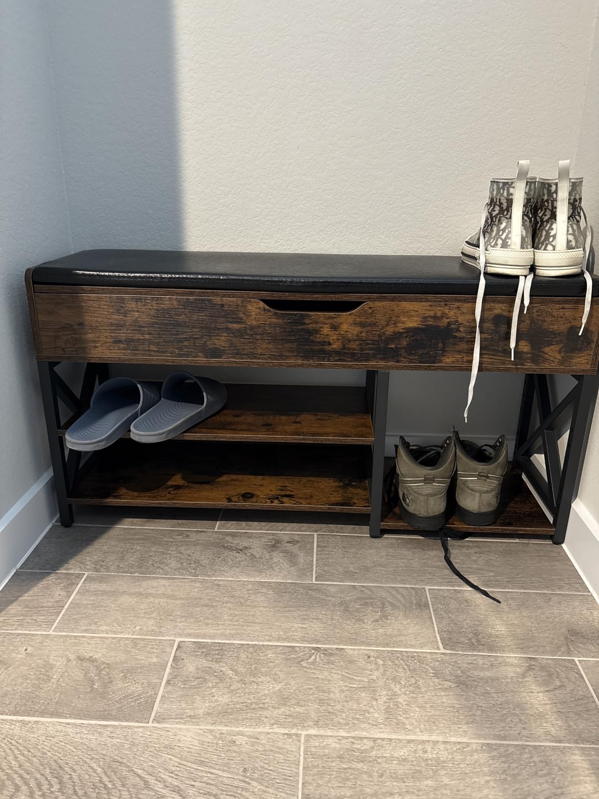Shoe Bench, Lift Top Shoe Storage Bench, Adjustable Shelf Entryway Bench, Metal and Wood Shoe Rack Organizer with Cushion for Entry, Bedroom, Closet, Living Room, Hallway (Brown, 35.5“W) customer photo 1