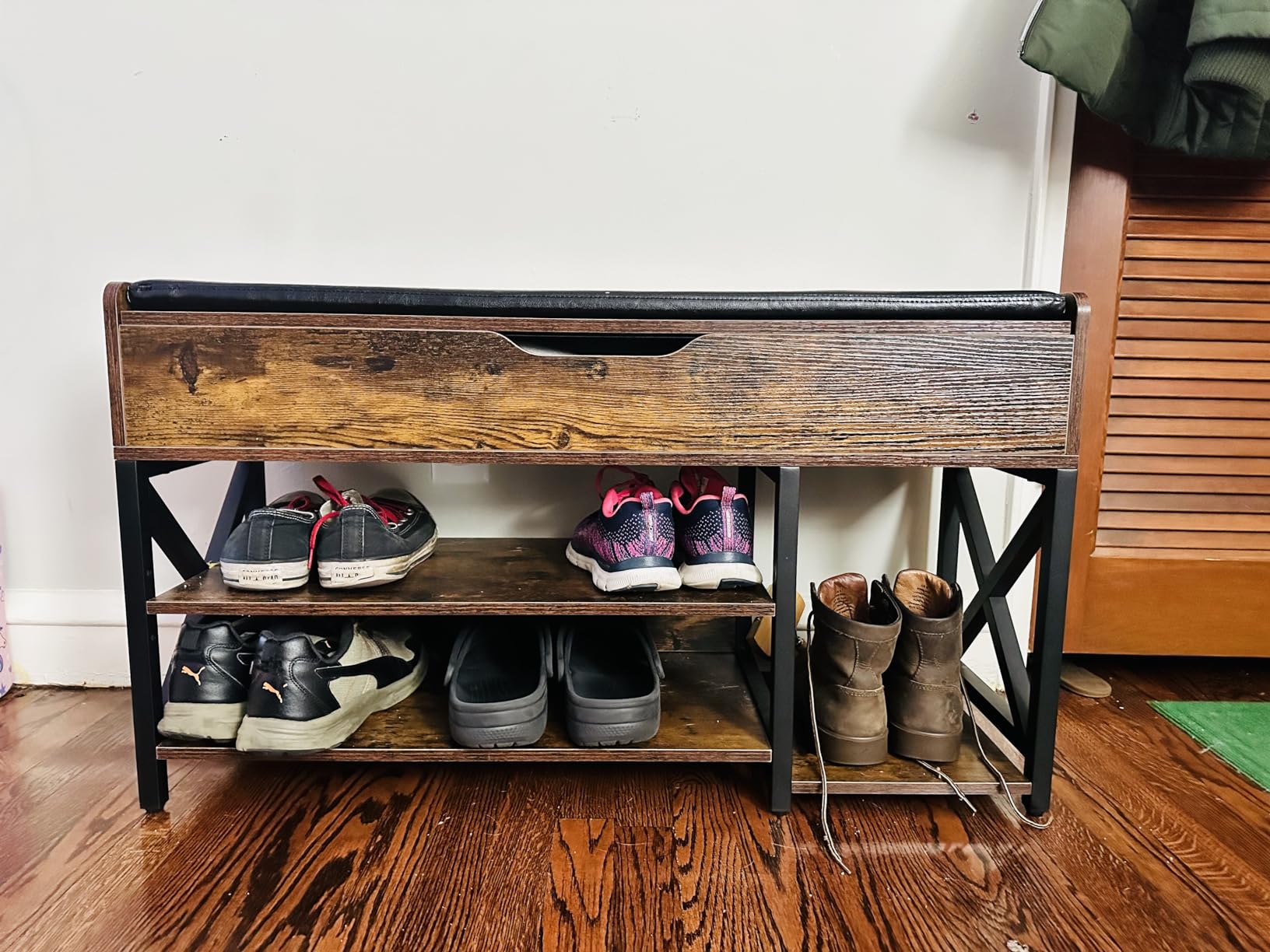 Shoe Bench, Lift Top Shoe Storage Bench, Adjustable Shelf Entryway Bench, Metal and Wood Shoe Rack Organizer with Cushion for Entry, Bedroom, Closet, Living Room, Hallway (Brown, 35.5“W) customer photo 2