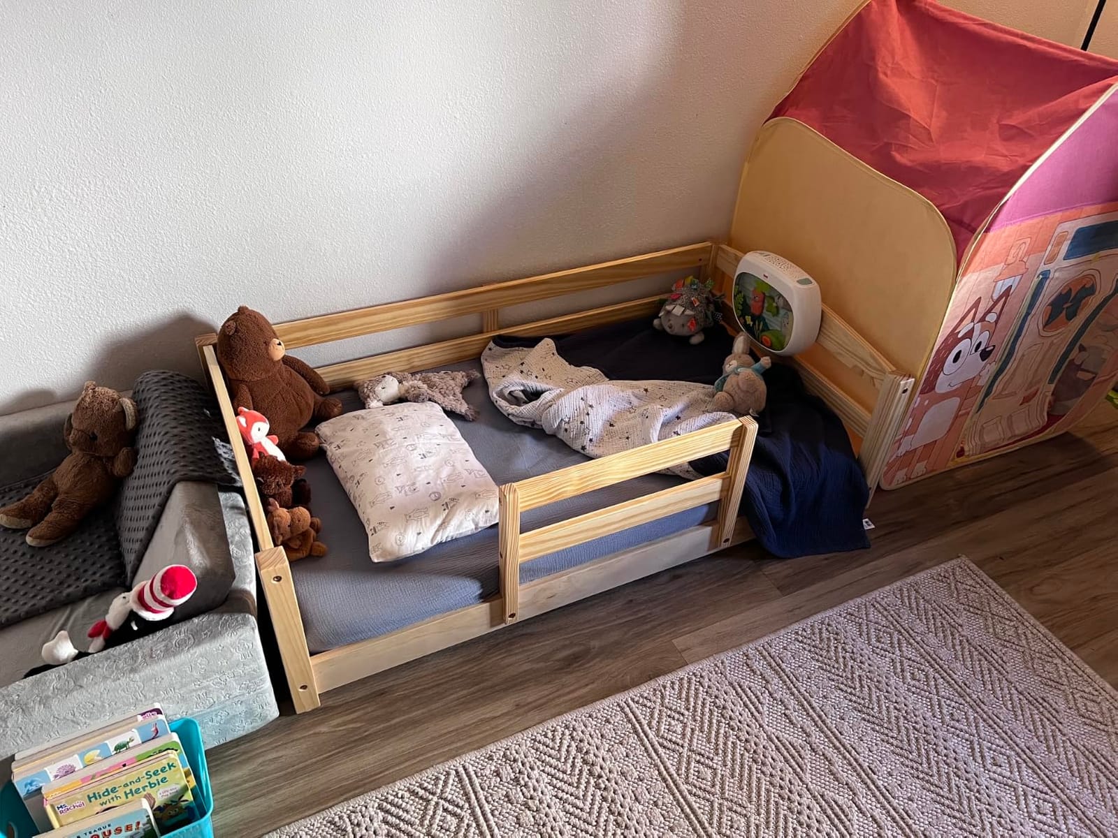 Ocodile Toddler Bed with Rails | Low Montessori Floor Bed Frame for Kids | Standard Crib Size Wooden Frame for Independent Toddlers 1-3 - White customer photo 2