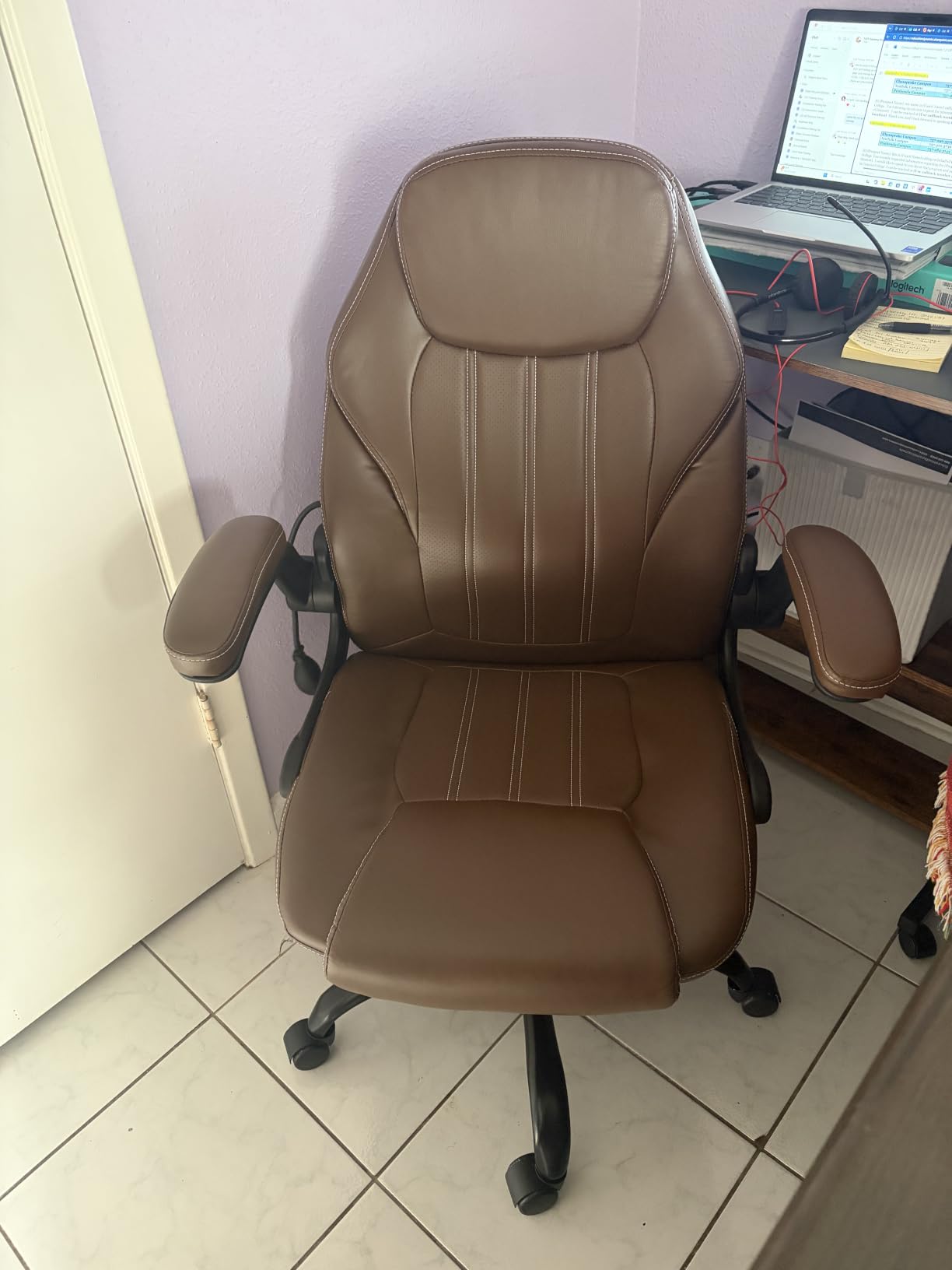 Ylzyxal Office Desk Chair, Ergonomic Computer Chair with Padded Flip-Up Arms and Adjustable Lumbar Support, PU Leather Executive Chair with Tilt Lock and 360° Swivel Rolling Wheels for Work, Study customer photo 1