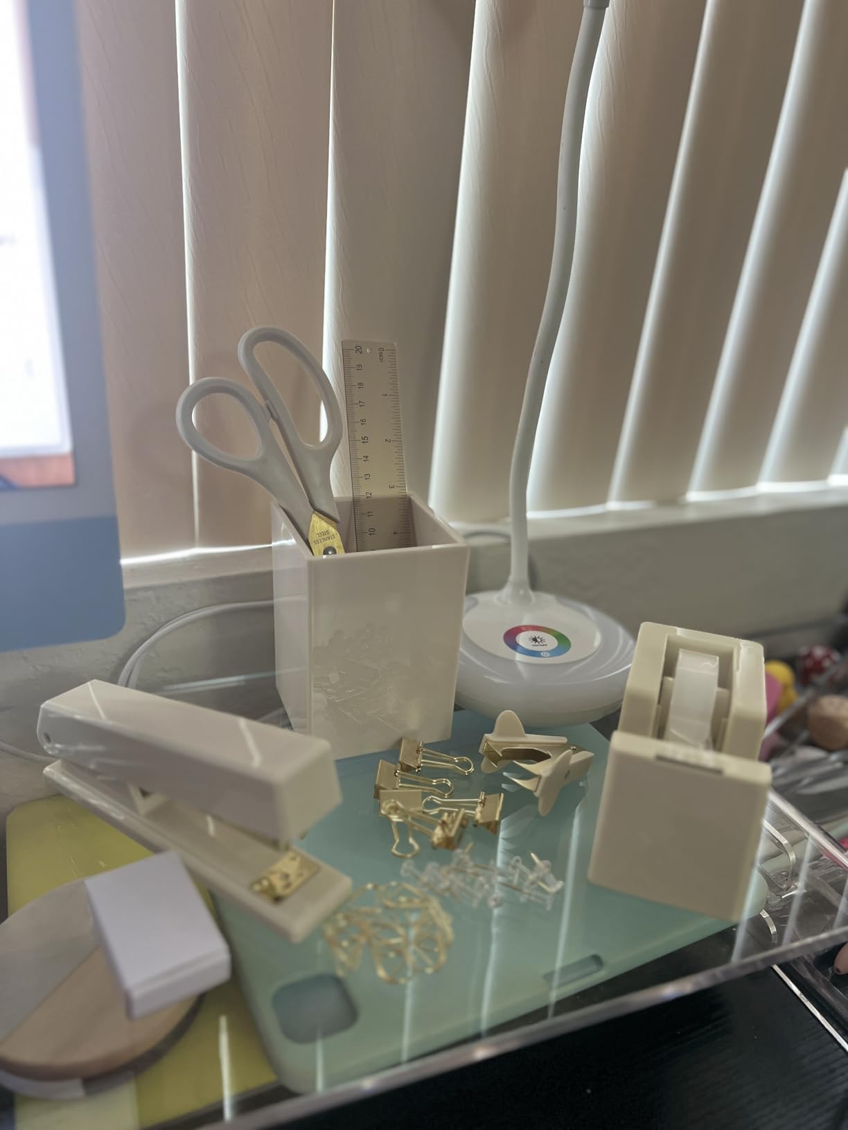 Aesthetic Desk Accessories Set for Women - A Complete Office Organizer Set | Office Supplies Kit with Gold Finish Includes Pen Holder, Scissors, Stapler, Tape Dispenser and More customer photo 2