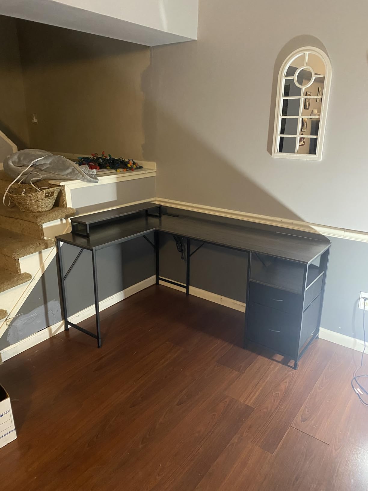 PRAISUN 63 Inch L Shaped Desk with Power Outlets and USB-C Port, Computer Corner Home Office Desk with File Fabric Drawers and Movable Monitor Stand, Larger Storage, Gaming, Writing, Rustic Brown customer photo 2