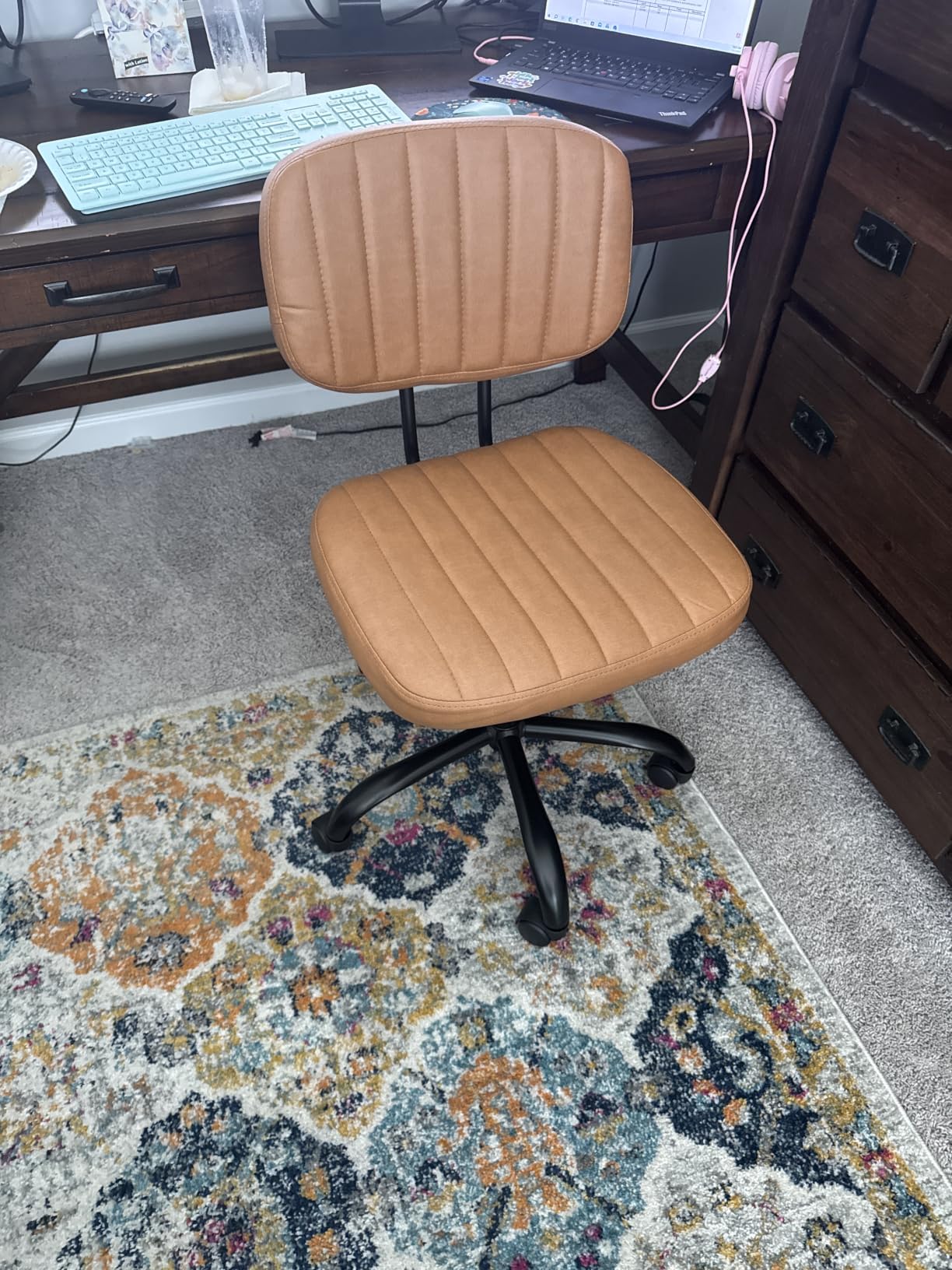 Sweetcrispy Office Desk Chair, Small Home Vanity Chair, Lumbar Support | Armless PU Leather, Height Adjustable Rolling Swivel Task, Bedroom Home Student, Black customer photo 2