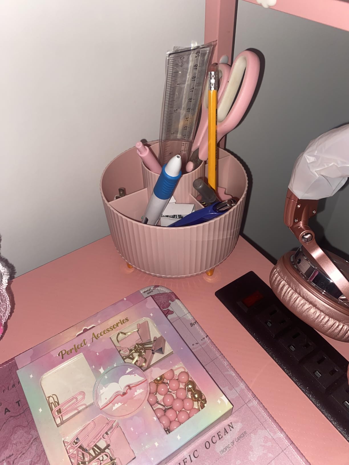 Rose Gold Desk Accessories, Office Supplies Desk Organizers 360°Pen Holder Acrylic Stapler Set, Phone Holder, Ballpoint Pen, Scissor, Binder Clips, Ruler, Transparent Glue, Sticky Note and Staples. customer photo 1