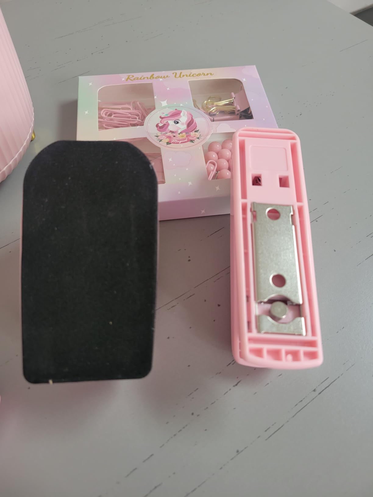 Rose Gold Desk Accessories, Office Supplies Desk Organizers 360°Pen Holder Acrylic Stapler Set, Phone Holder, Ballpoint Pen, Scissor, Binder Clips, Ruler, Transparent Glue, Sticky Note and Staples. customer photo 2