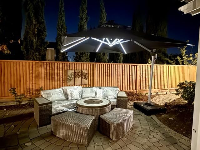PURPLE LEAF Cantilever Umbrella 9' X 12' Solar LED Light Patio Deck, Beige customer photo 1