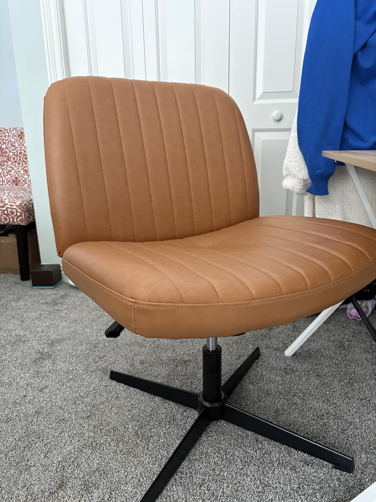 DUMOS Criss Cross Chair, Cross Legged Vanity Chair, Home Office | No Wheels, Faux Leather, Height Adjustable, Armless Wide Seat, Swivel, Computer Desk Task, Bedroom, Study, Brown customer photo 1