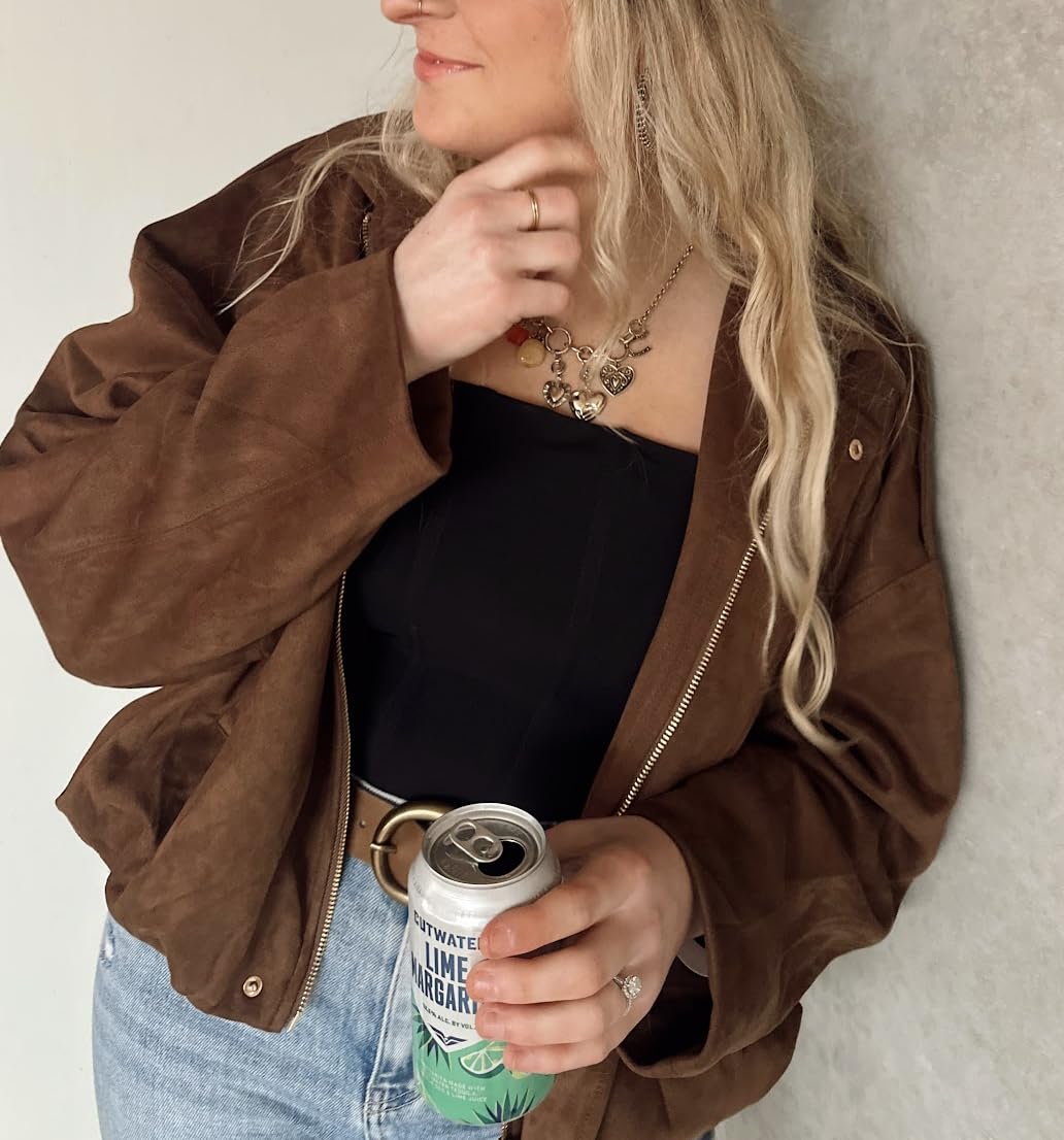 Womens Faux Suede Bomber Jacket Oversized Long Sleeve Cropped Coat customer photo 2