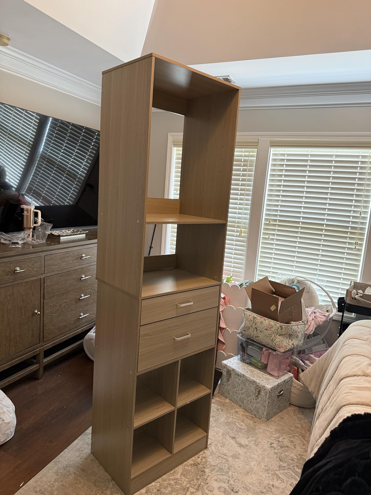 Besiost Closet System, 4-8 FT Closet Organizer Tower with 2 Wooden Drawers and Shelves, Can Fit 60 to 96 inch Walk-in Closet System with 5 Hanging Rods, Built-in, White customer photo 1