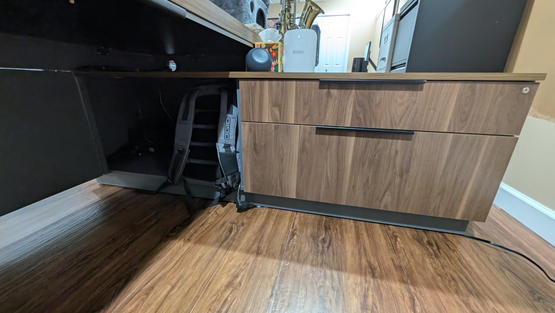 OfficeSimpli L Shaped Executive Desk with Drawers, Made in USA, 84x72x30 in | Lockable drawers and cabinets keep documents organised; integrated cable routing helps hide cords customer photo 2