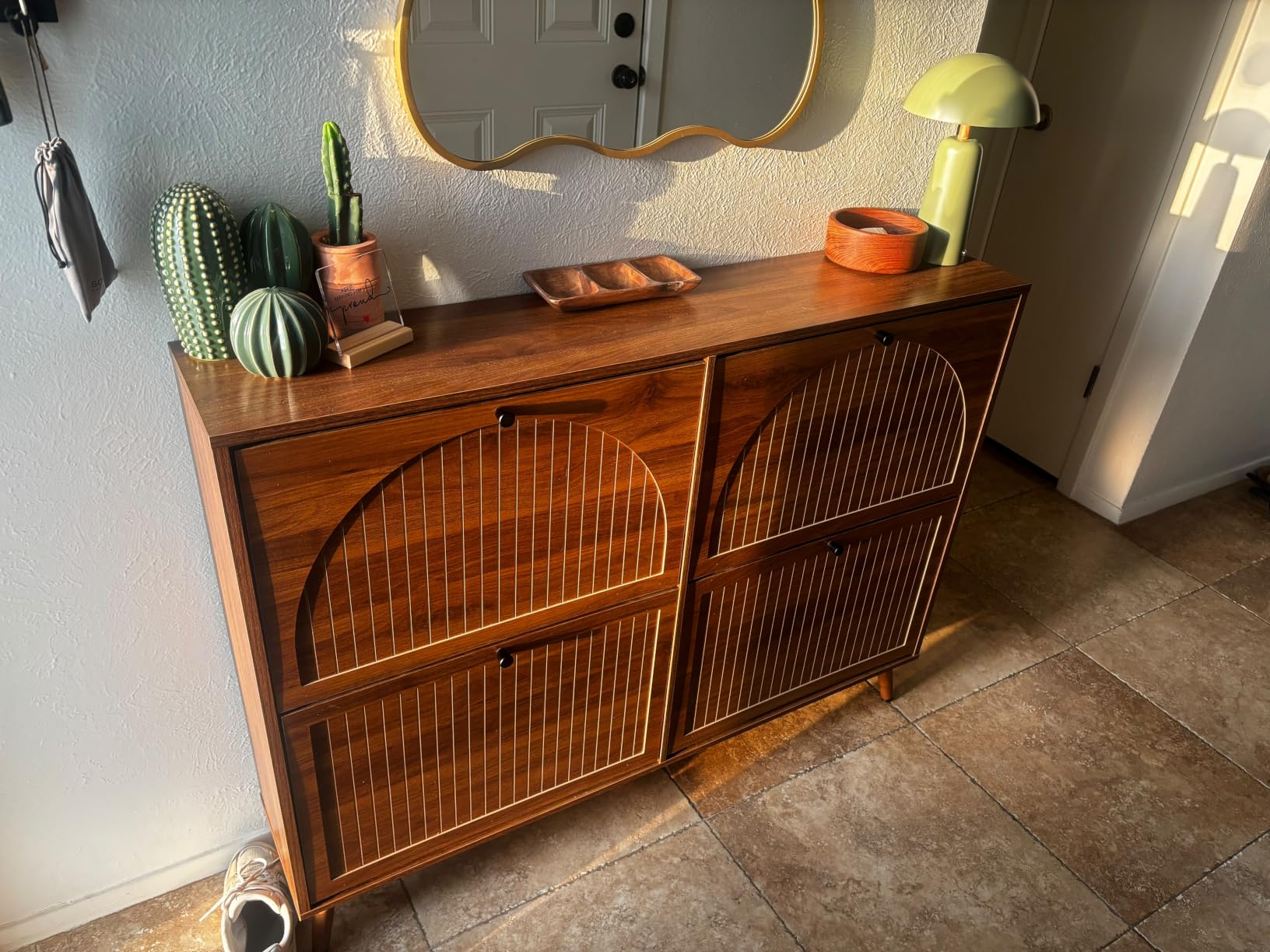 Fsbecl Shoe Storage Cabinet for Entryway with 3 Fluted Flip Drawers, Walnut customer photo 1