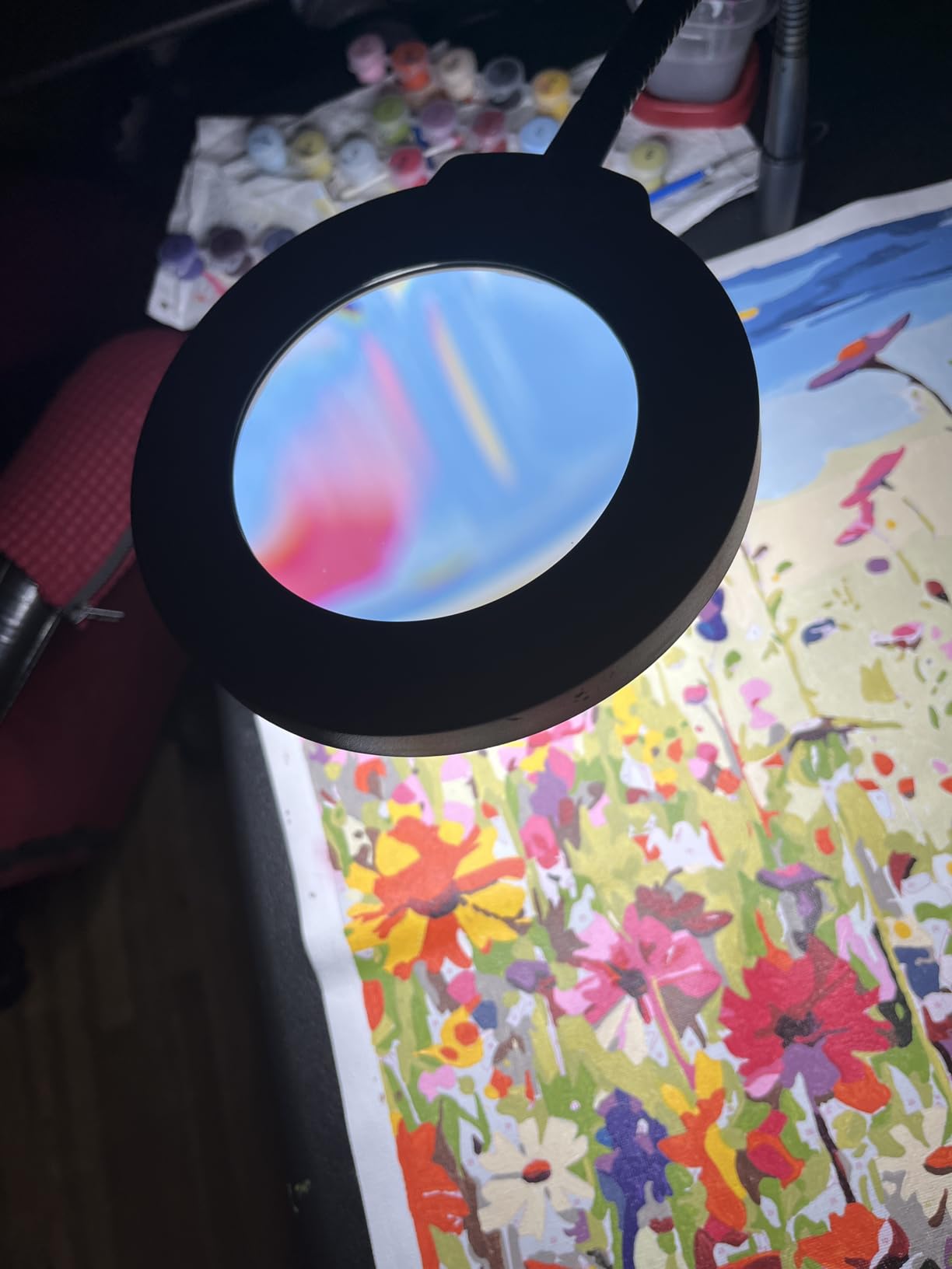 10X Magnifying Glass with Light and Stand, 16.5in Flexible Goose-Neck, 5 Color Modes Stepless Dimmable LED Lighted Desk Lamp, Hands Free Magnifier for Crafting Hobby Painting Close Work - Black customer photo 2