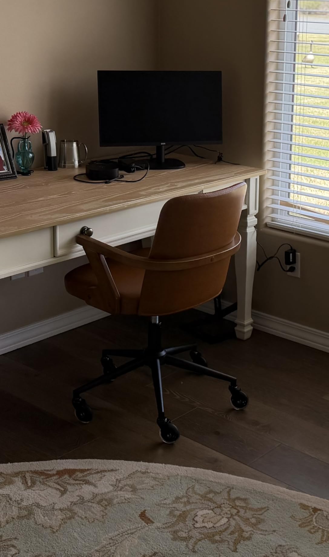 Desk Chair for Small Office, Executive Office Chair with Walnut Finish | Curved Bentwood Backrest, Floor-Friendly Casters, Quiet-Rolling, with Armrests, Height Adjustable, for Home Office & Study customer photo 1