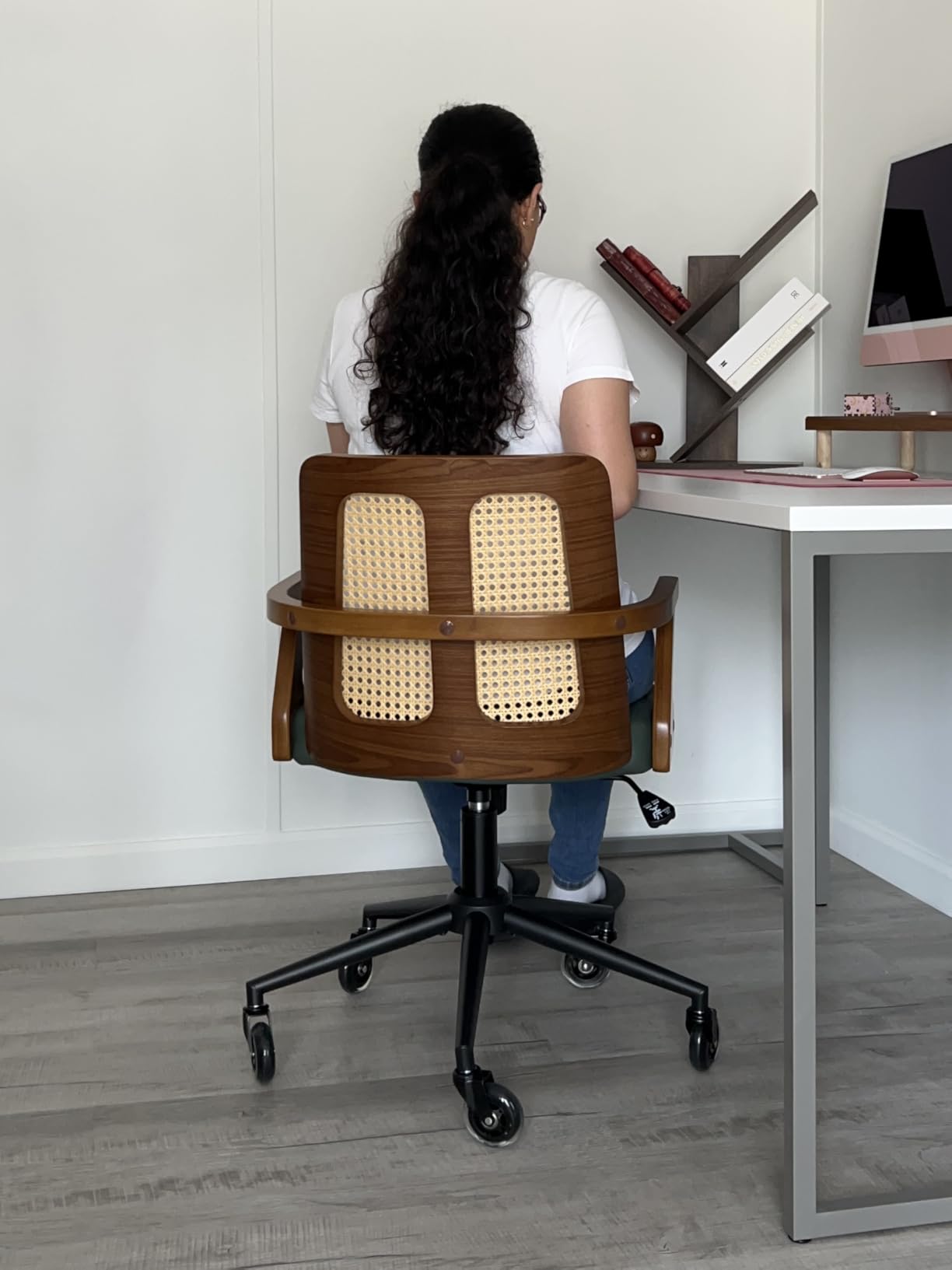 Desk Chair for Small Office, Executive Office Chair with Walnut Finish | Curved Bentwood Backrest, Floor-Friendly Casters, Quiet-Rolling, with Armrests, Height Adjustable, for Home Office & Study customer photo 2