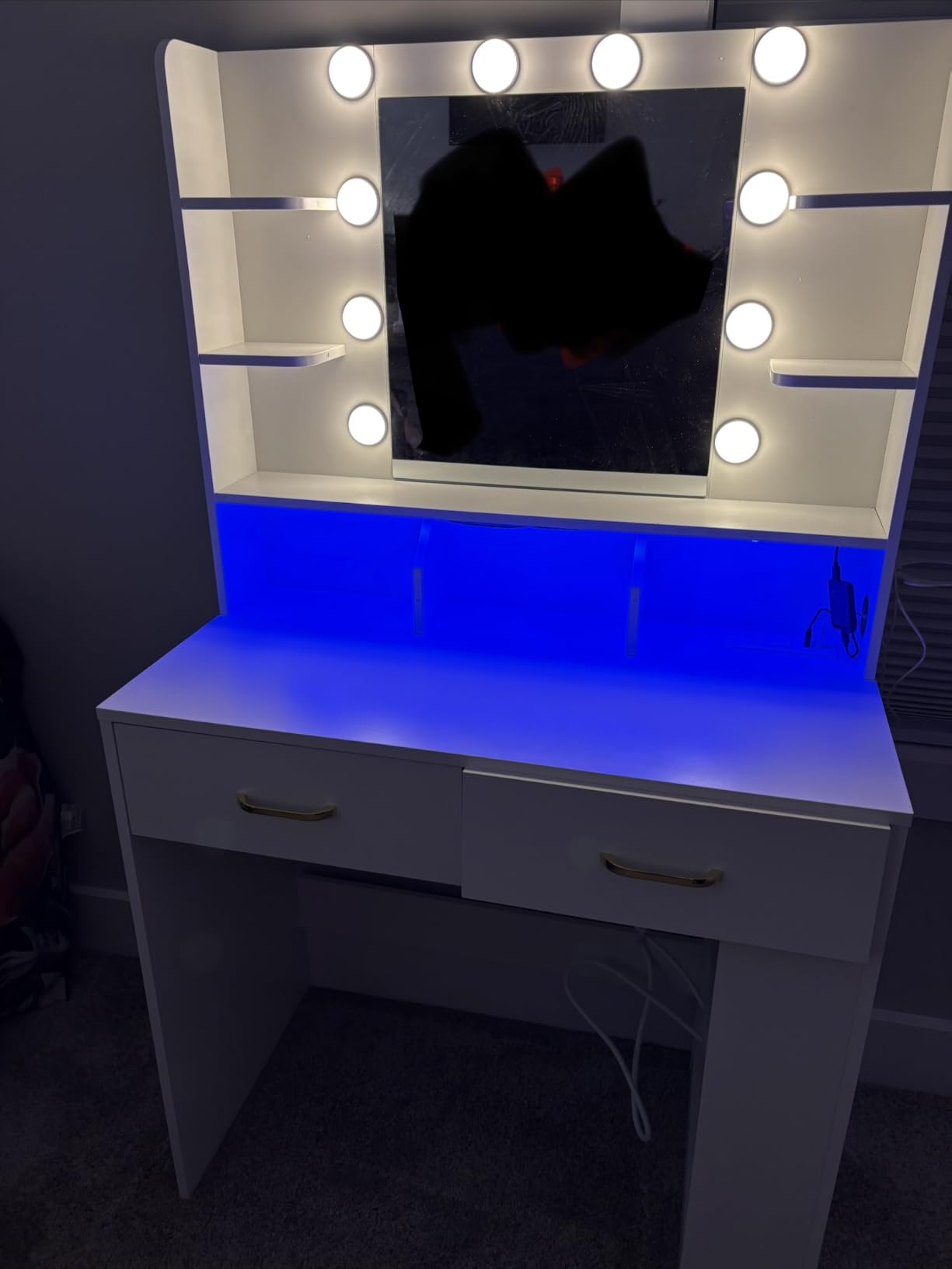 LUCKRACER Vanity Desk with LED Lights Mirror & Charging Station, Makeup Vanity with Storage Drawers and Shelves, Modern Dressing Table for Women Girls Bedroom, Ivory White customer photo 2