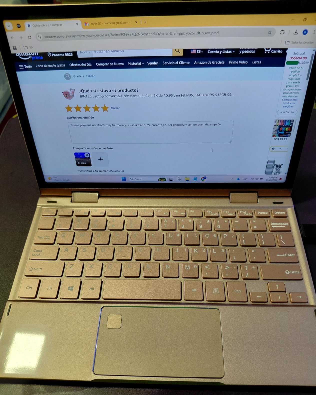 BINTEC 2 in 1 Laptop, 10.95 Inch 2K (2000x1200) Touchscreen, Windows 11 Pro, N95, 16GB DDR5 RAM 256GB SSD, Convertible Laptop Computer with Stylus Pen, Fingerprint, Backlit Keyboard, Gray customer photo 1