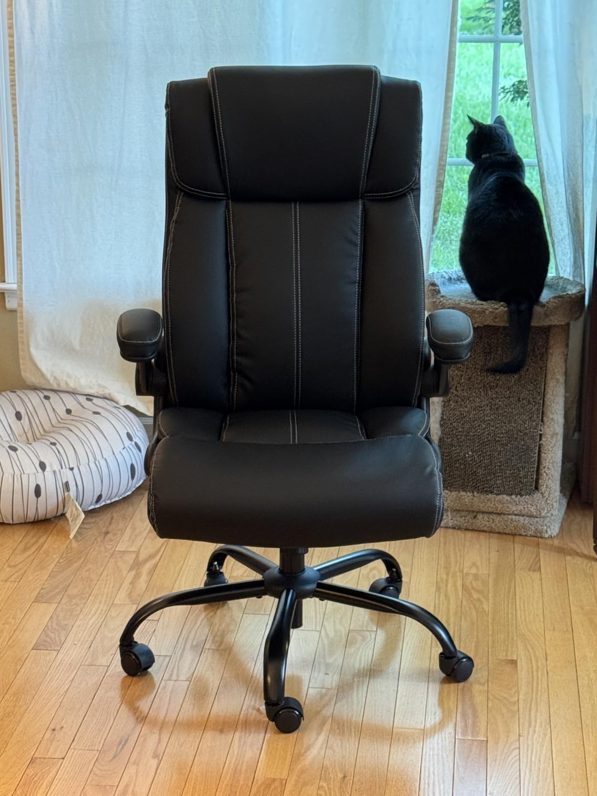 Office Chair, Ergonomic Executive Desk Chair with Lumbar Support for Lower Back Pain Relief, Padded Flip-Up Armrests, Leather Home Office Chair, Black customer photo 1