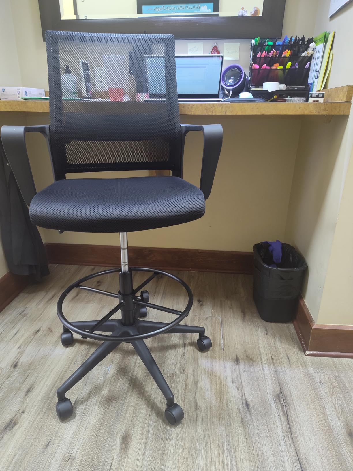 BestOffice Drafting Chair Tall Office Chair Adjustable Swivel Rolling Mesh Height with Lumbar Support Arms Footrest Mid Back for Adults Standing Desk Drafting Stool(Dark Black) customer photo 1