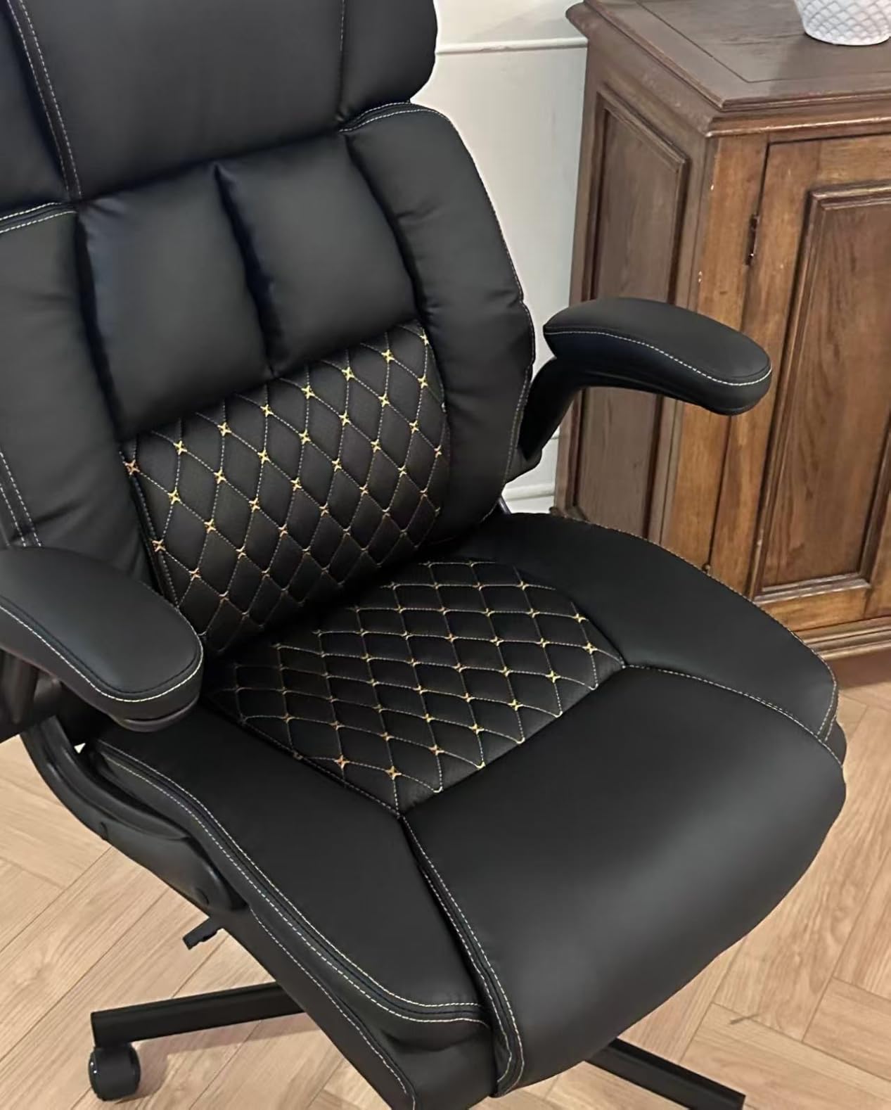 Massage Office Chair, 500LBS Ergonomic Rocking Executive Desk Chairs with 4 Points Vibration & Heat, Padded Flip-up Armrests for Big and Tall Office Chair, Swivel Computer Chair Black customer photo 1