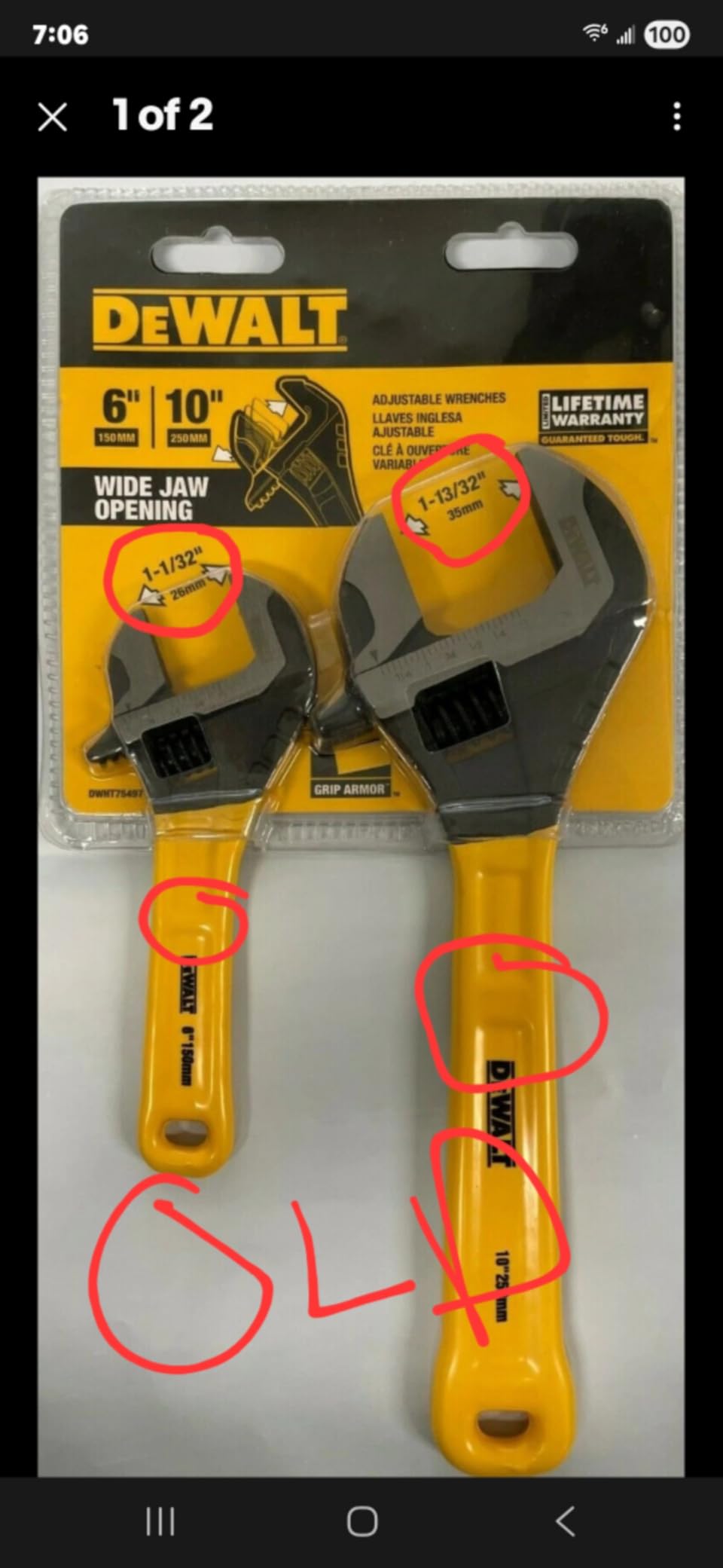 Dewalt DWHT75497 2 Pc. Dip Grip Adjustable Wrench, Yellow customer photo 2