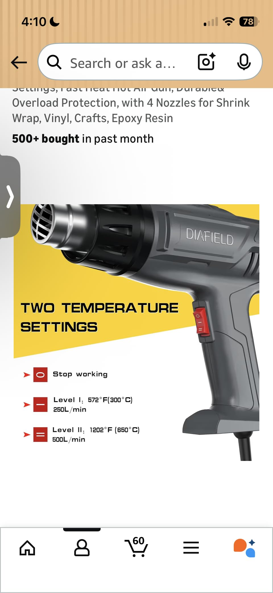 DIAFIELD 1850W Heat Gun with Dual Temperature Settings 572.0 °F & 1202 °F customer photo 1