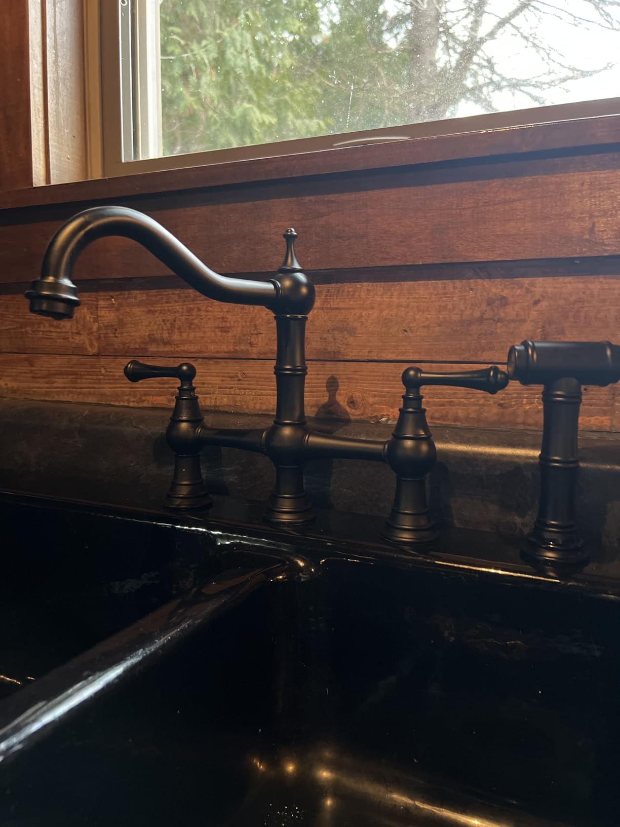 WOWOW Brass Bridge Kitchen Faucet 4 Hole with Side Sprayer, Matte Black customer photo 1